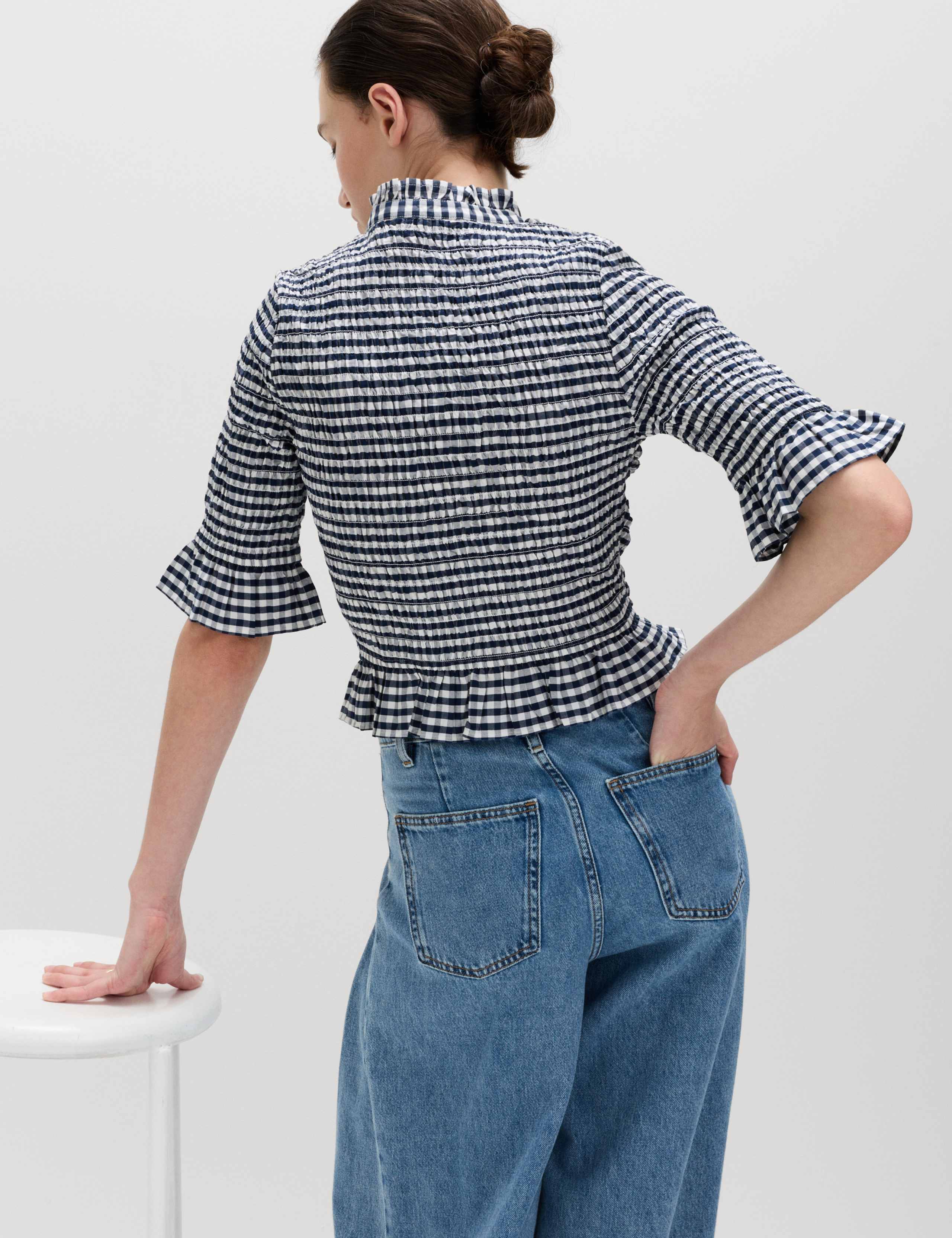 Pure Cotton Checked Shirred Shirt 3 of 7