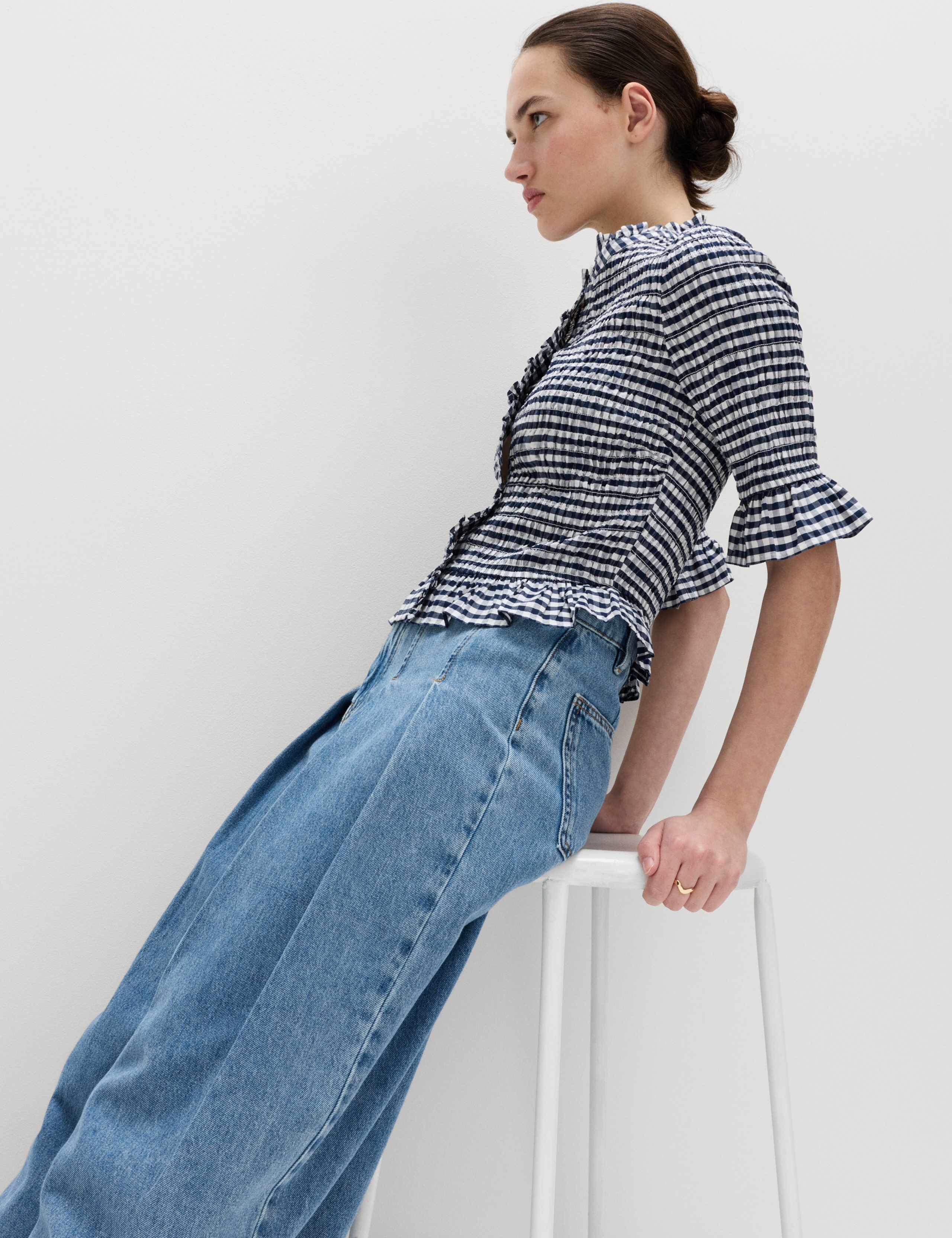 Pure Cotton Checked Shirred Shirt 4 of 7