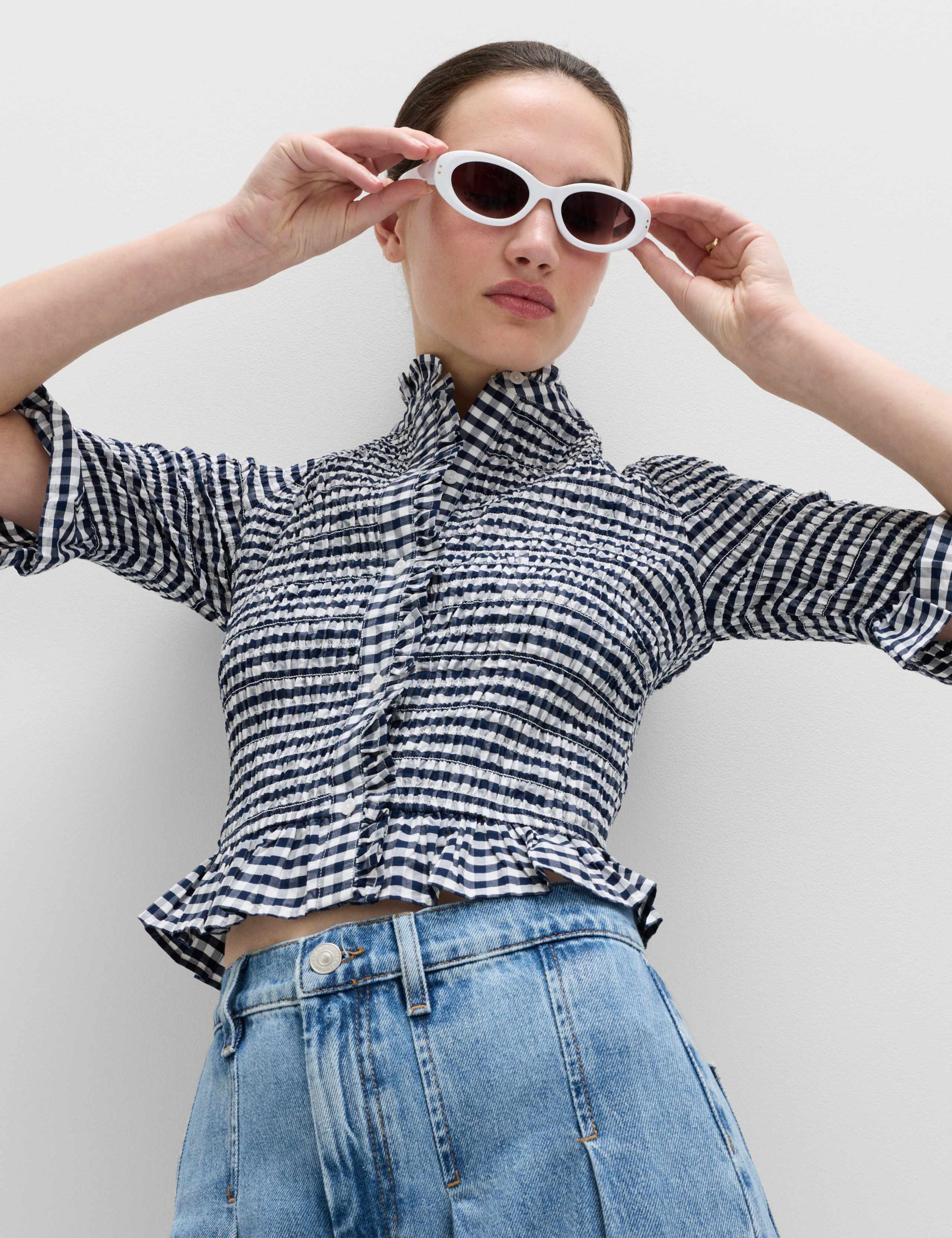 Pure Cotton Checked Shirred Shirt 6 of 7