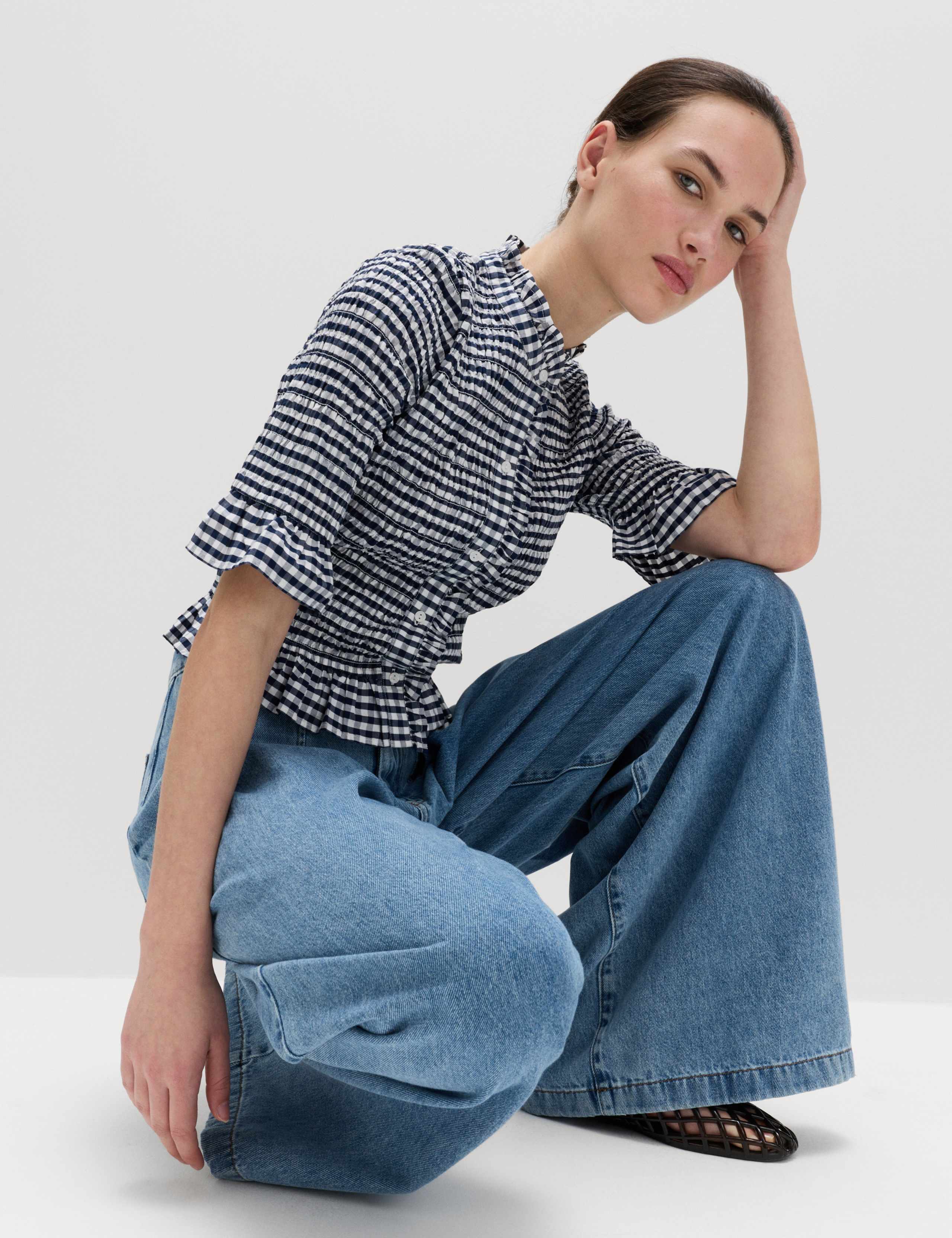 Pure Cotton Checked Shirred Shirt 7 of 7