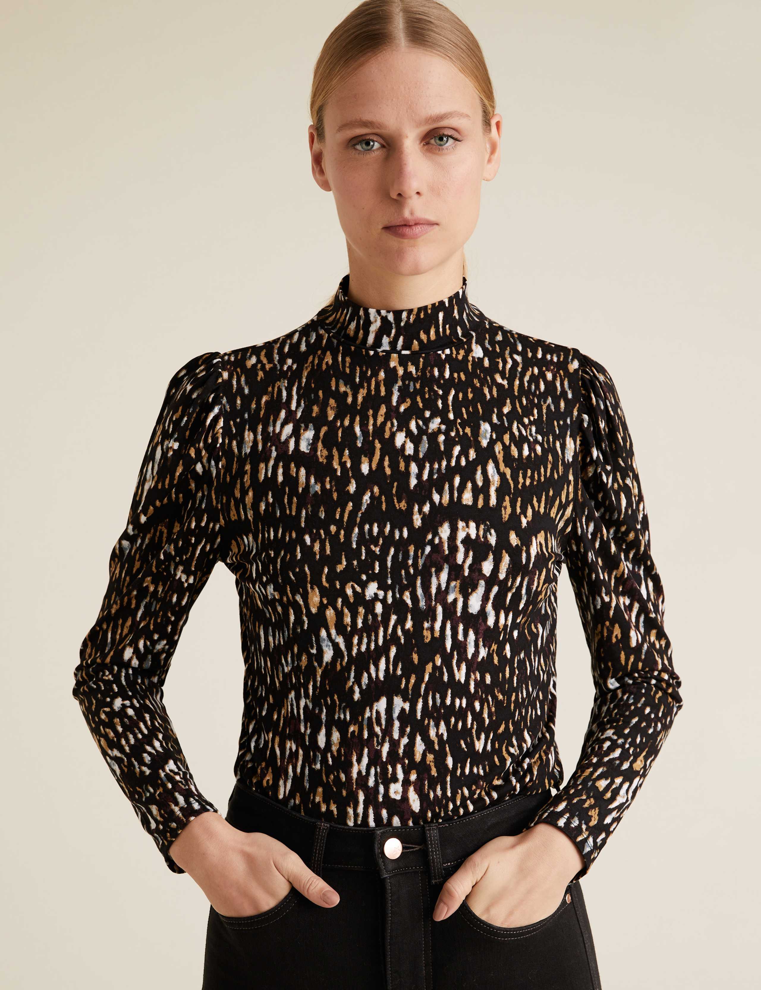 Animal Print Funnel Neck Fitted Top 1 of 5