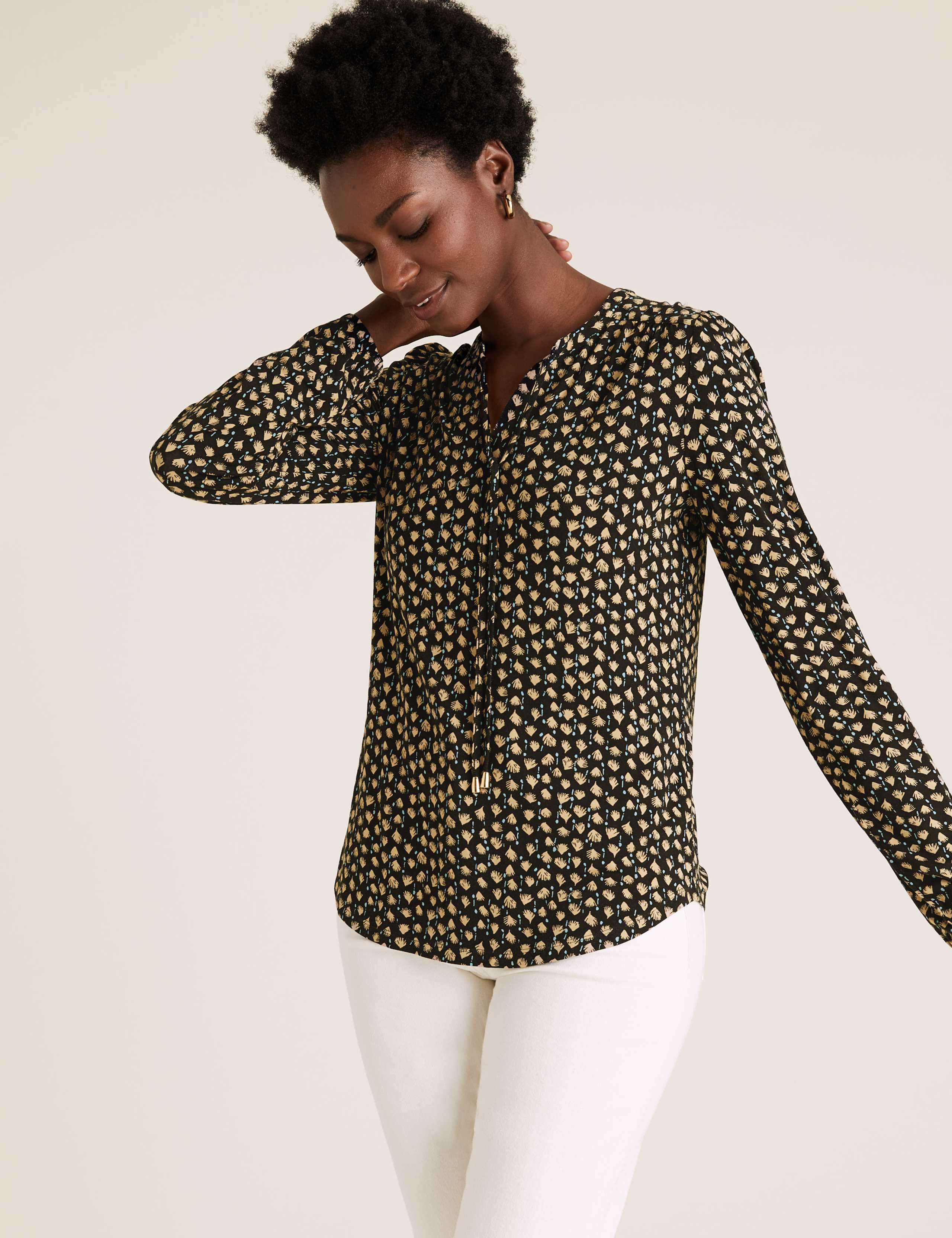 Jersey Printed Tie Neck Relaxed Top 1 of 6