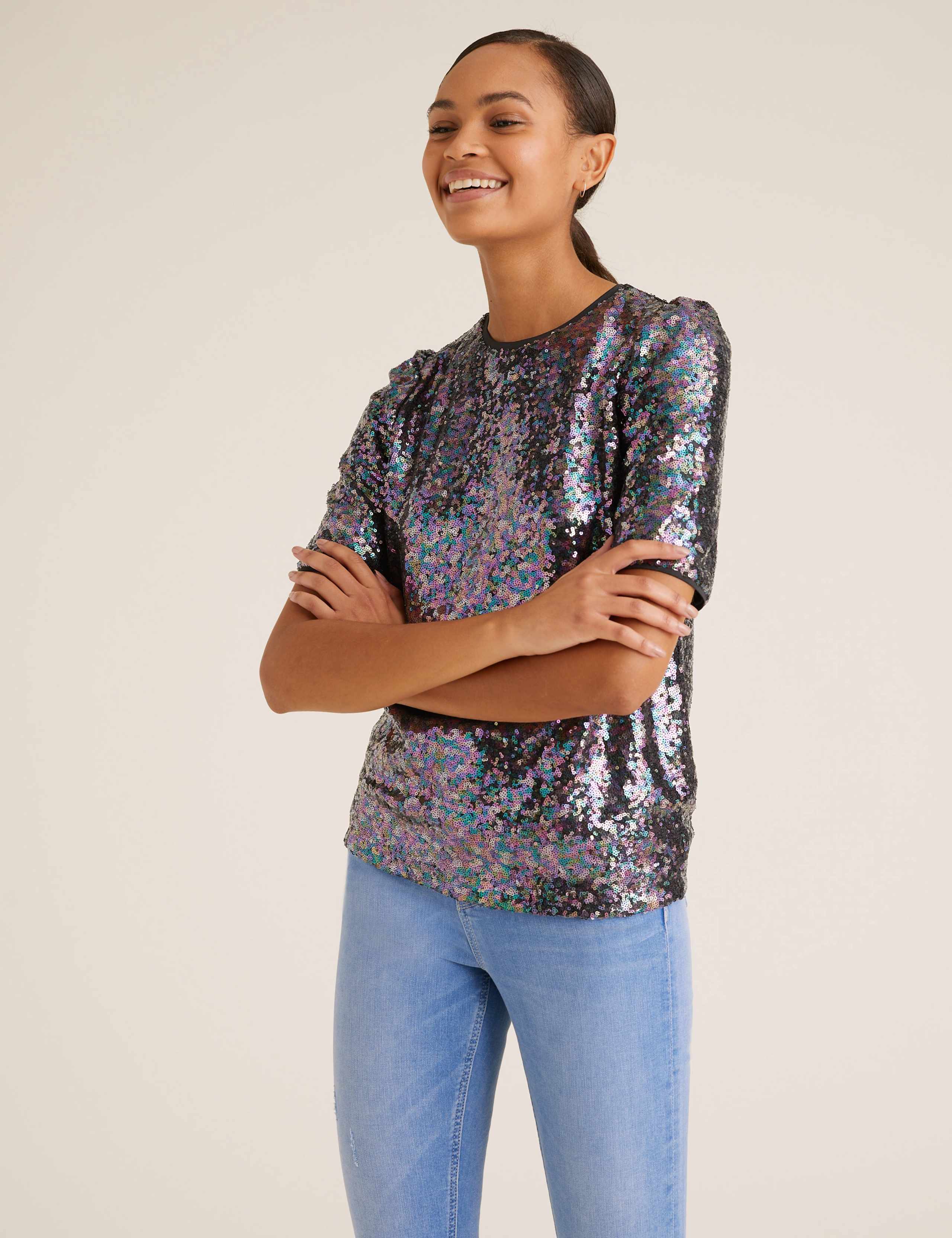Sequin Crew Neck Short Sleeve Top 1 of 5