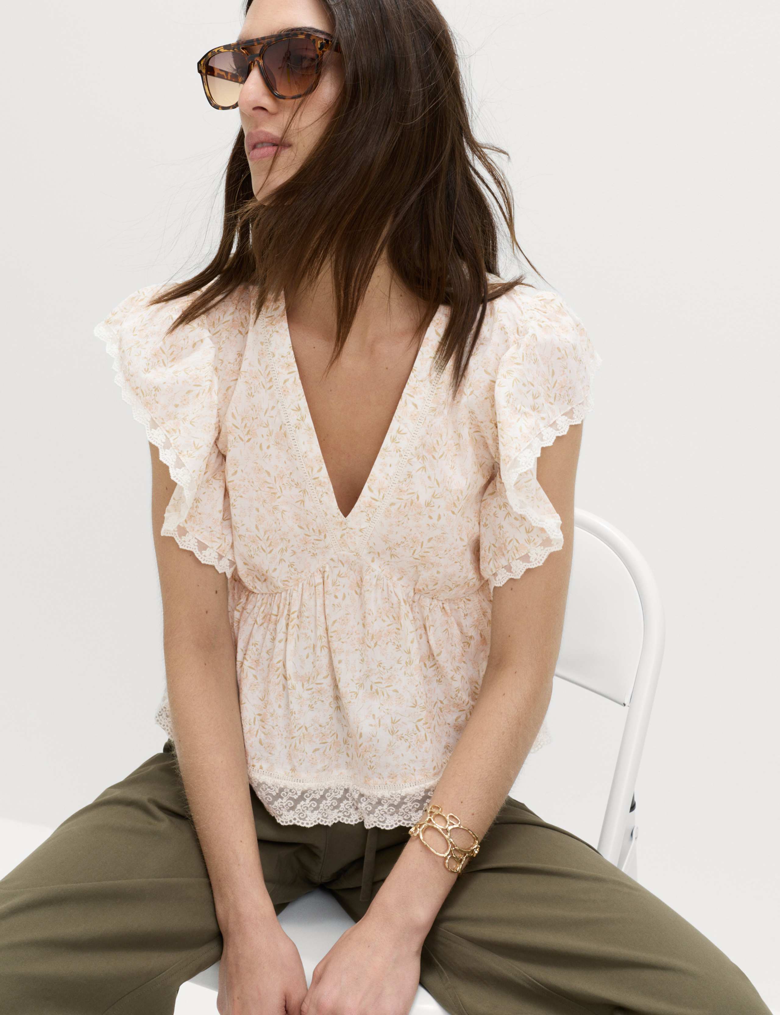 Pure Cotton Ruffle Embroidered Detail Blouse 1 of 7