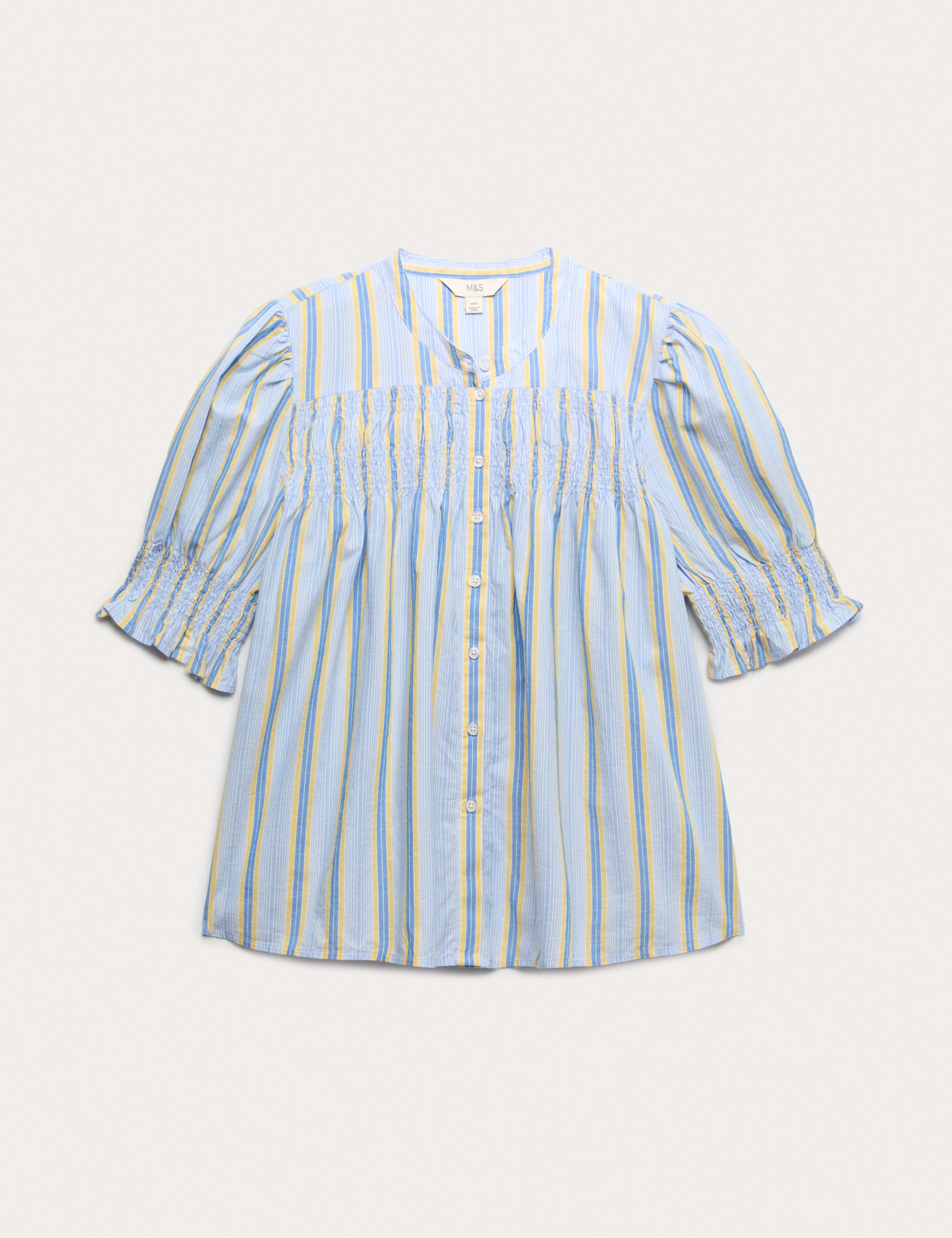 Pure Cotton Striped Shirred Blouse 2 of 6