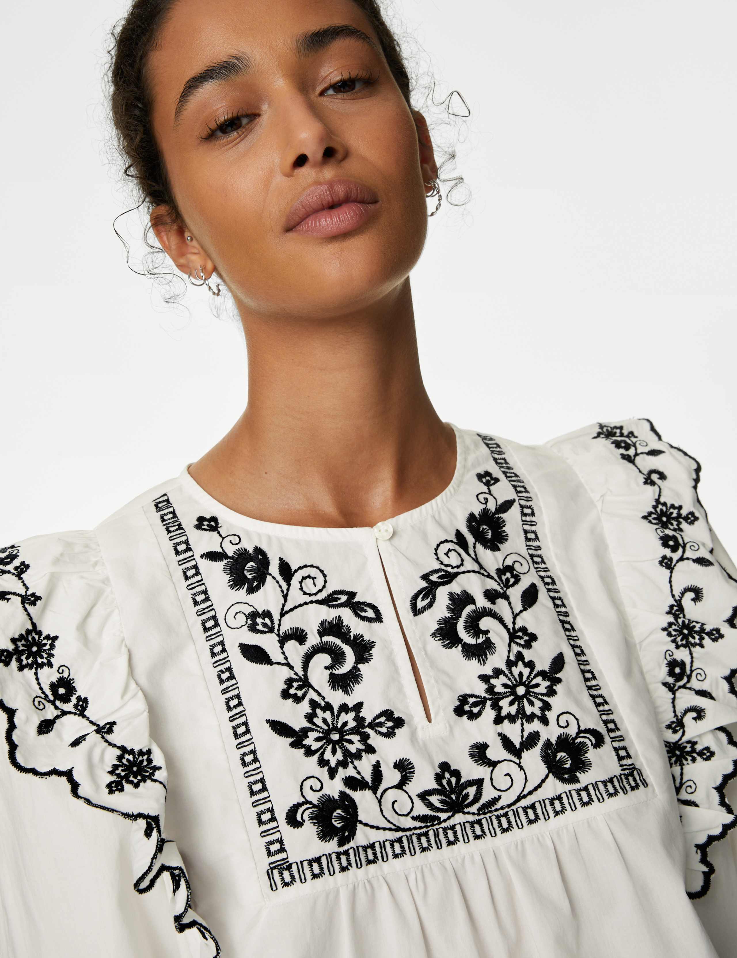 Pure Cotton Embroidered Frill Detail Blouse 1 of 5