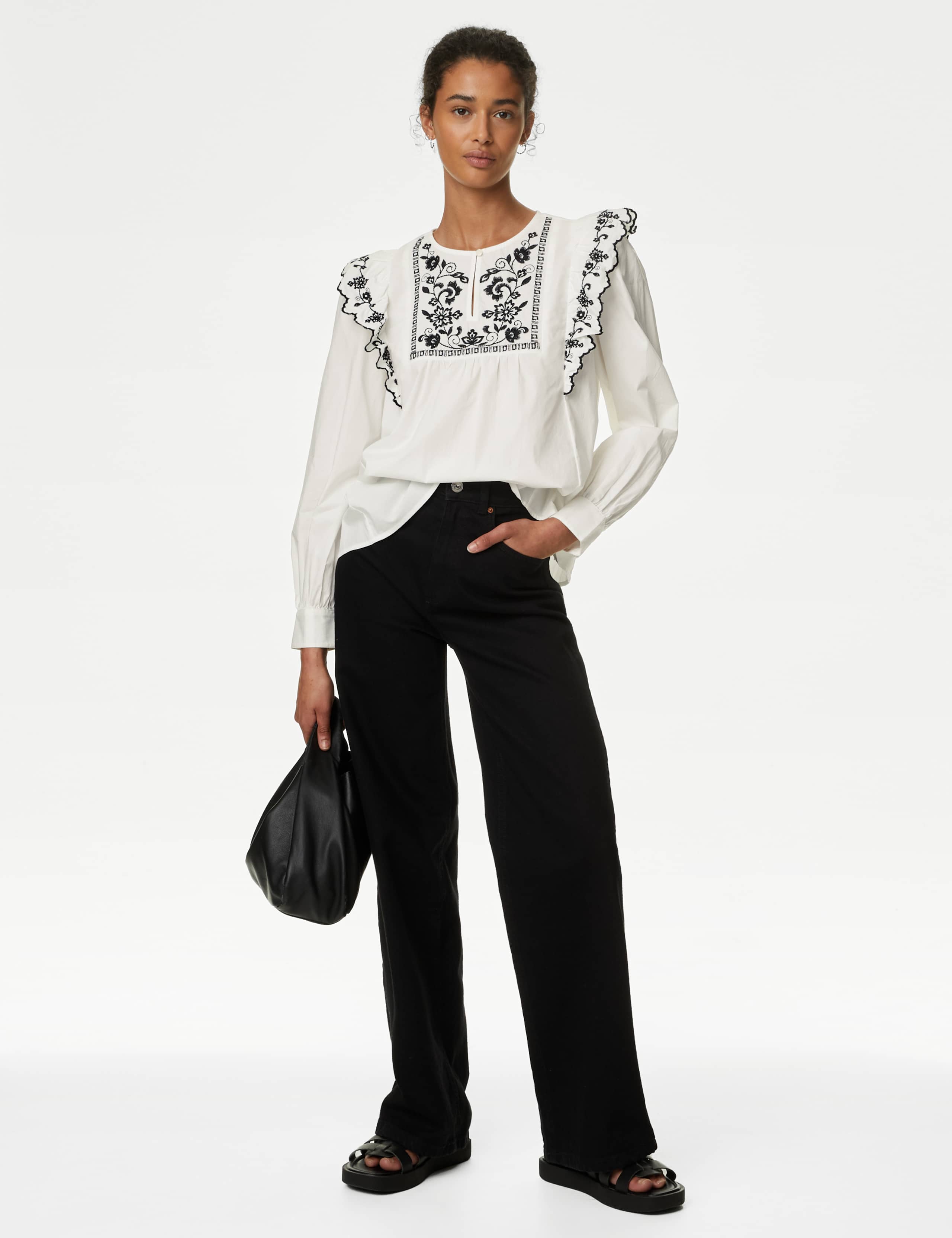 Pure Cotton Embroidered Frill Detail Blouse 3 of 5