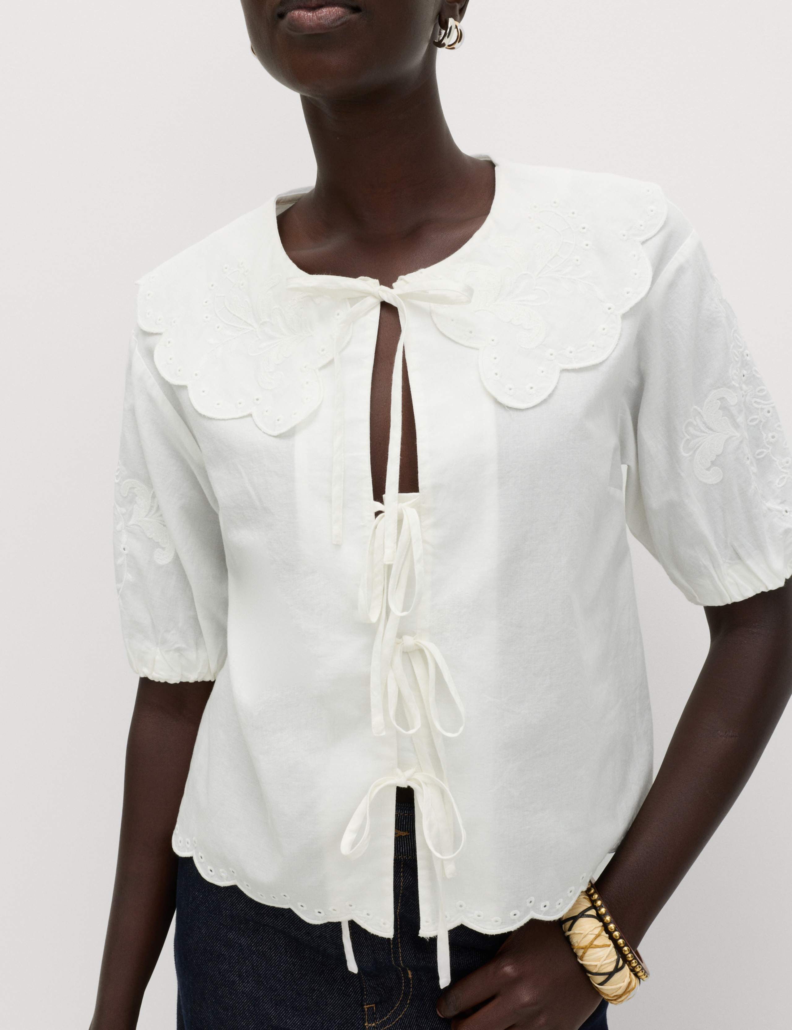 Pure Cotton Embroidered Collared Blouse 1 of 5