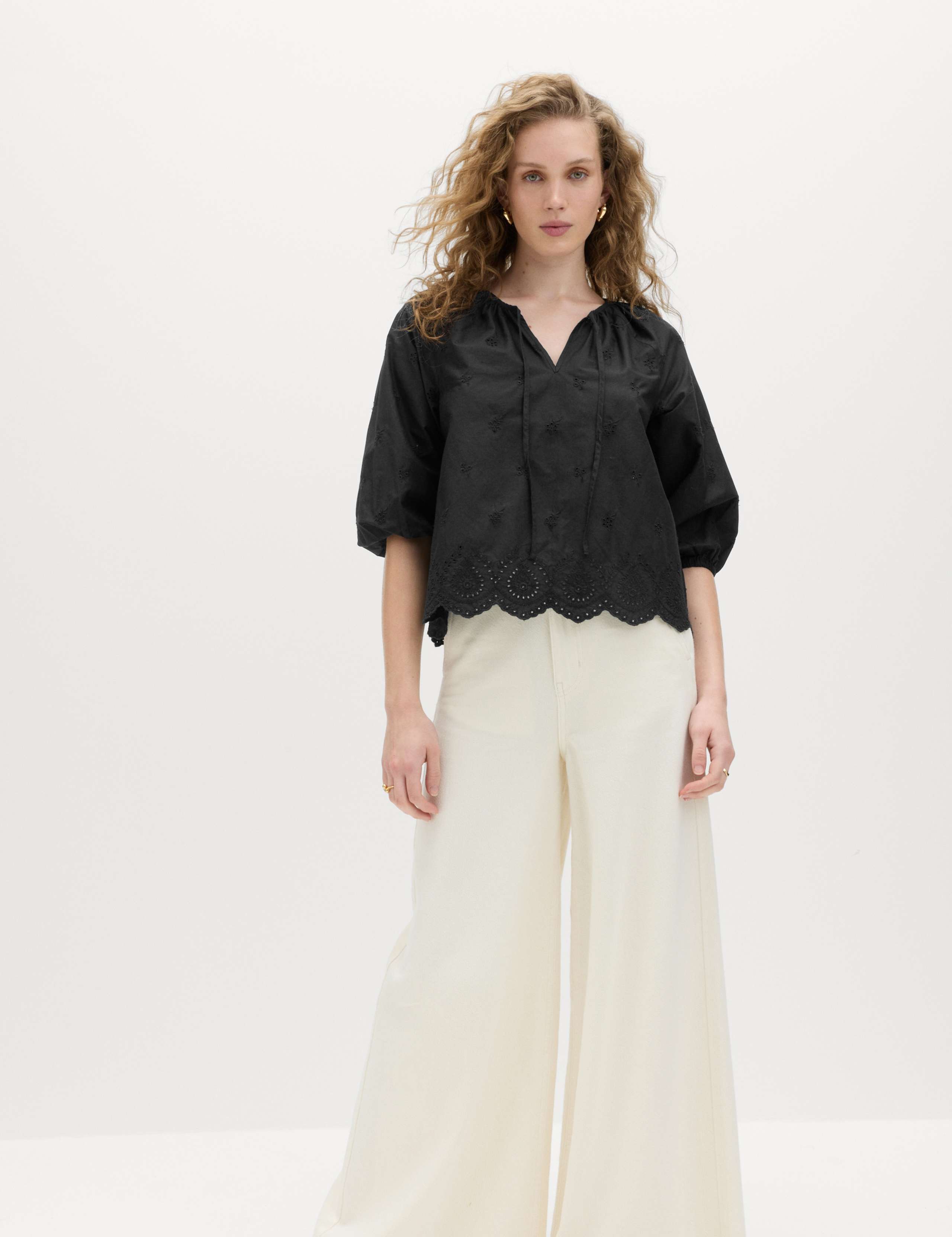 Pure Cotton Broderie Tie Neck Blouse 4 of 5