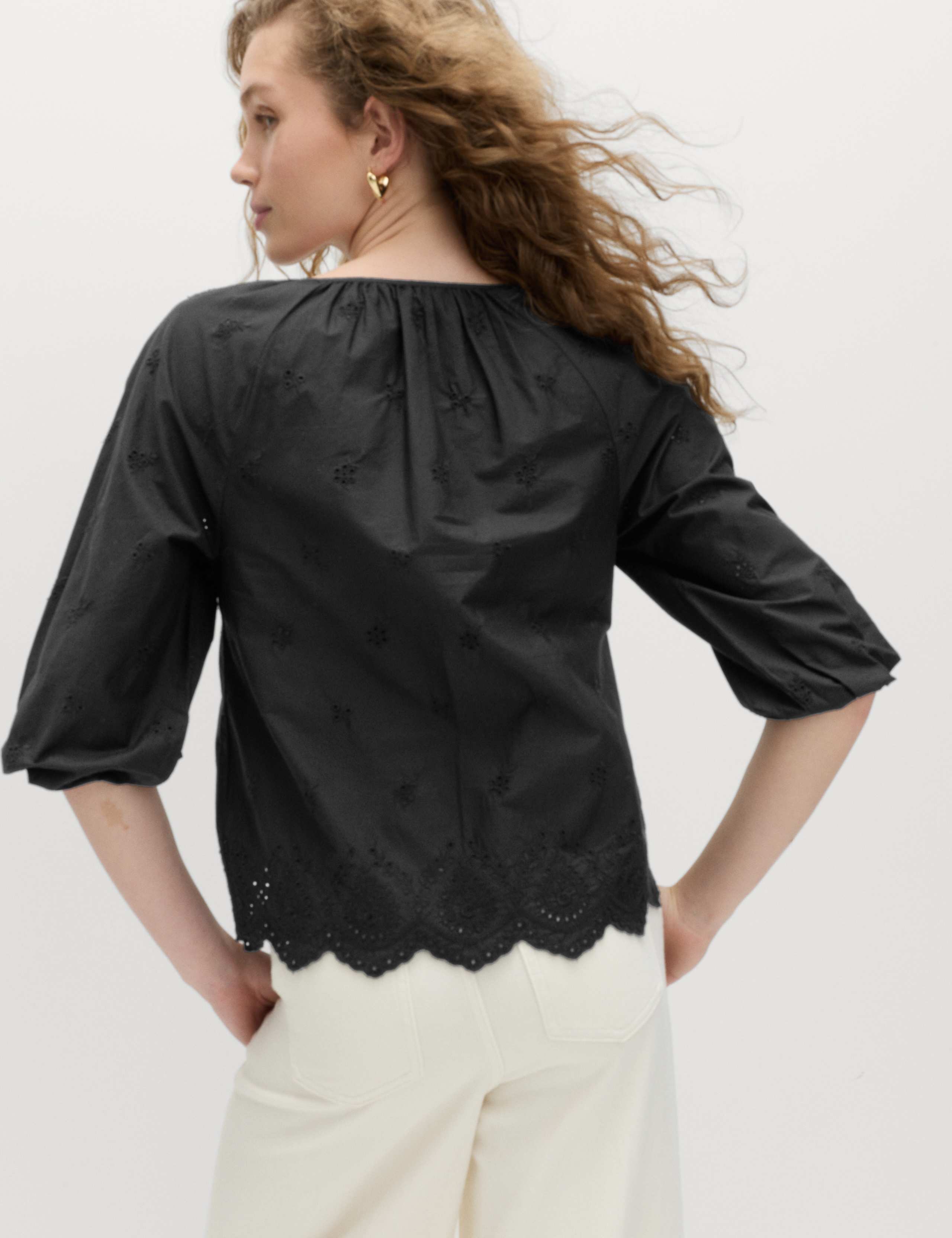 Pure Cotton Broderie Tie Neck Blouse 5 of 5