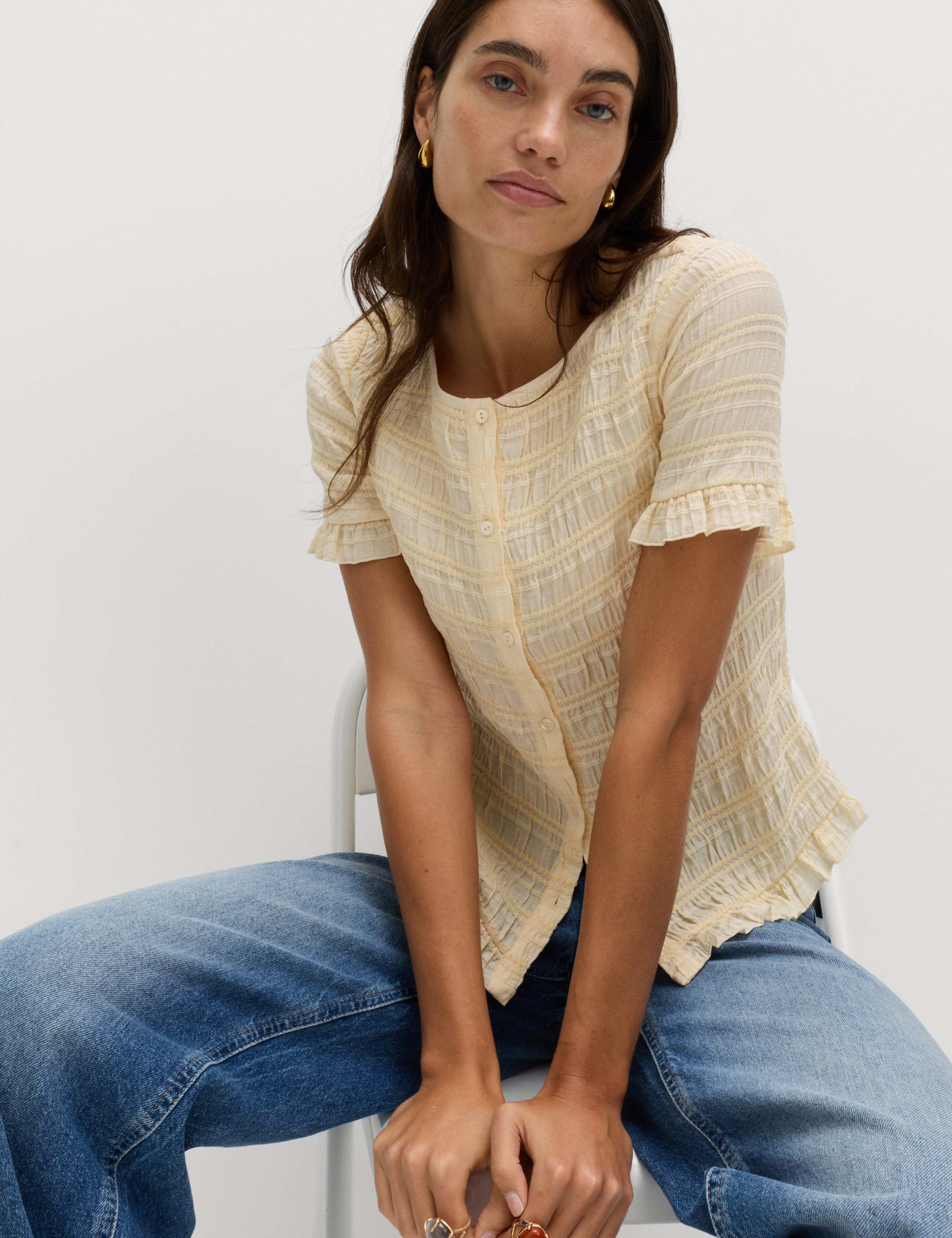 Collarless Shirred Button Through Top 5 of 7