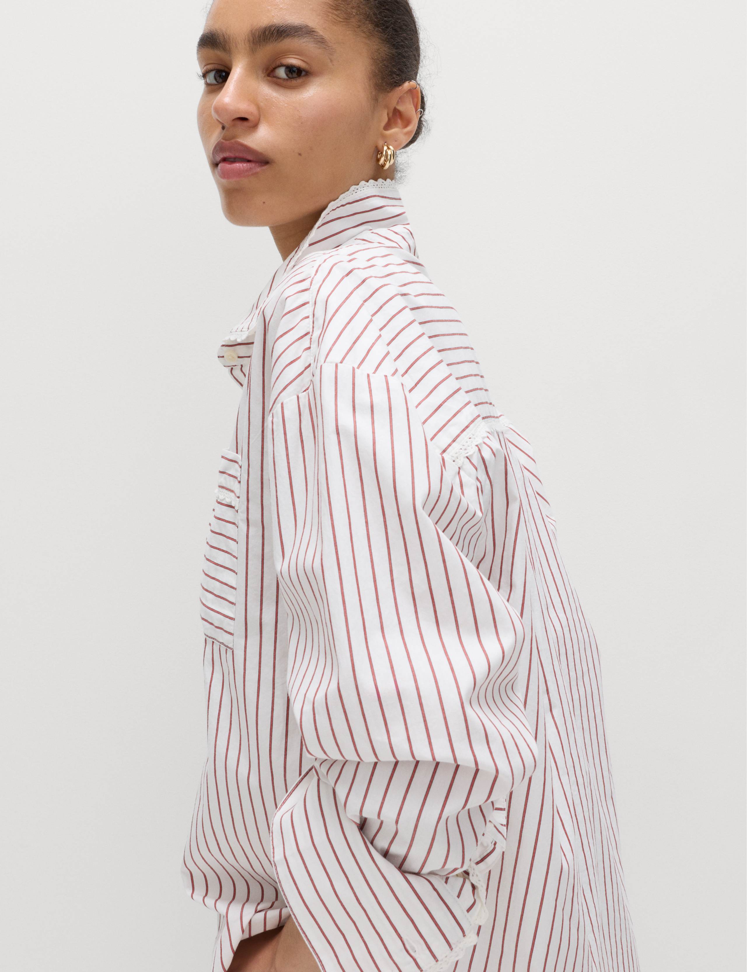 Pure Cotton Striped Lace Oversized Shirt 3 of 7