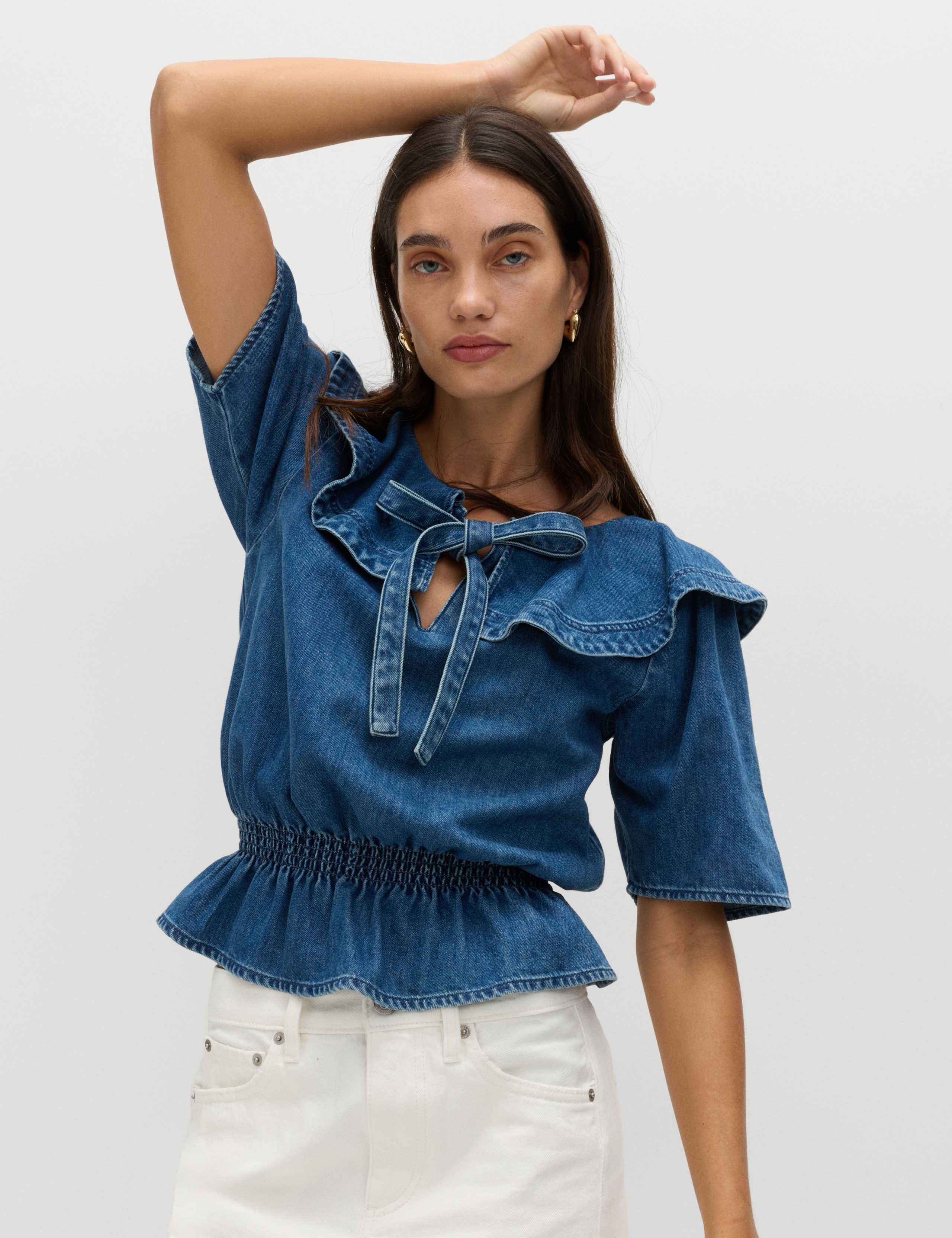 Denim Ruffled Blouse 1 of 5