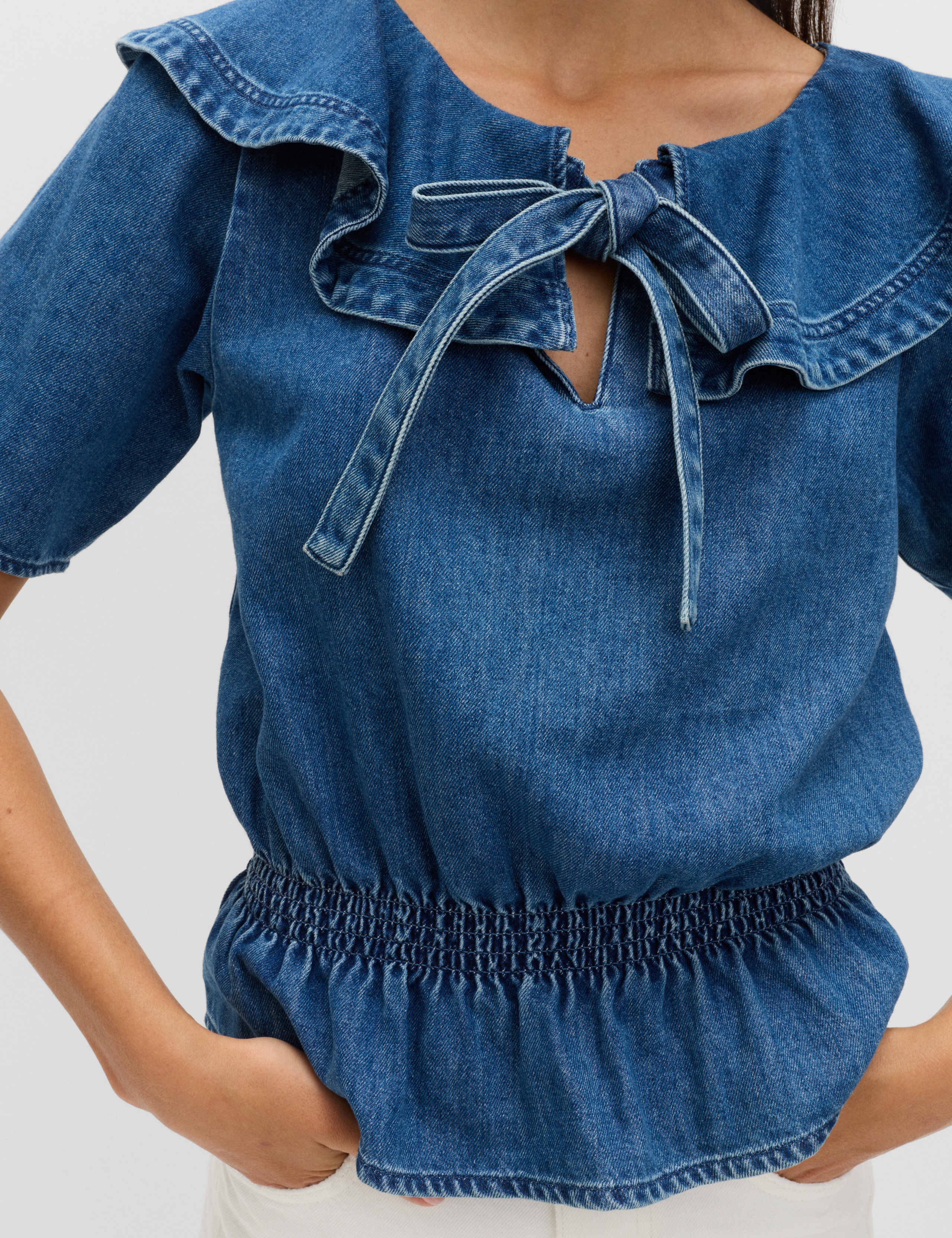 Denim Ruffled Blouse 3 of 5