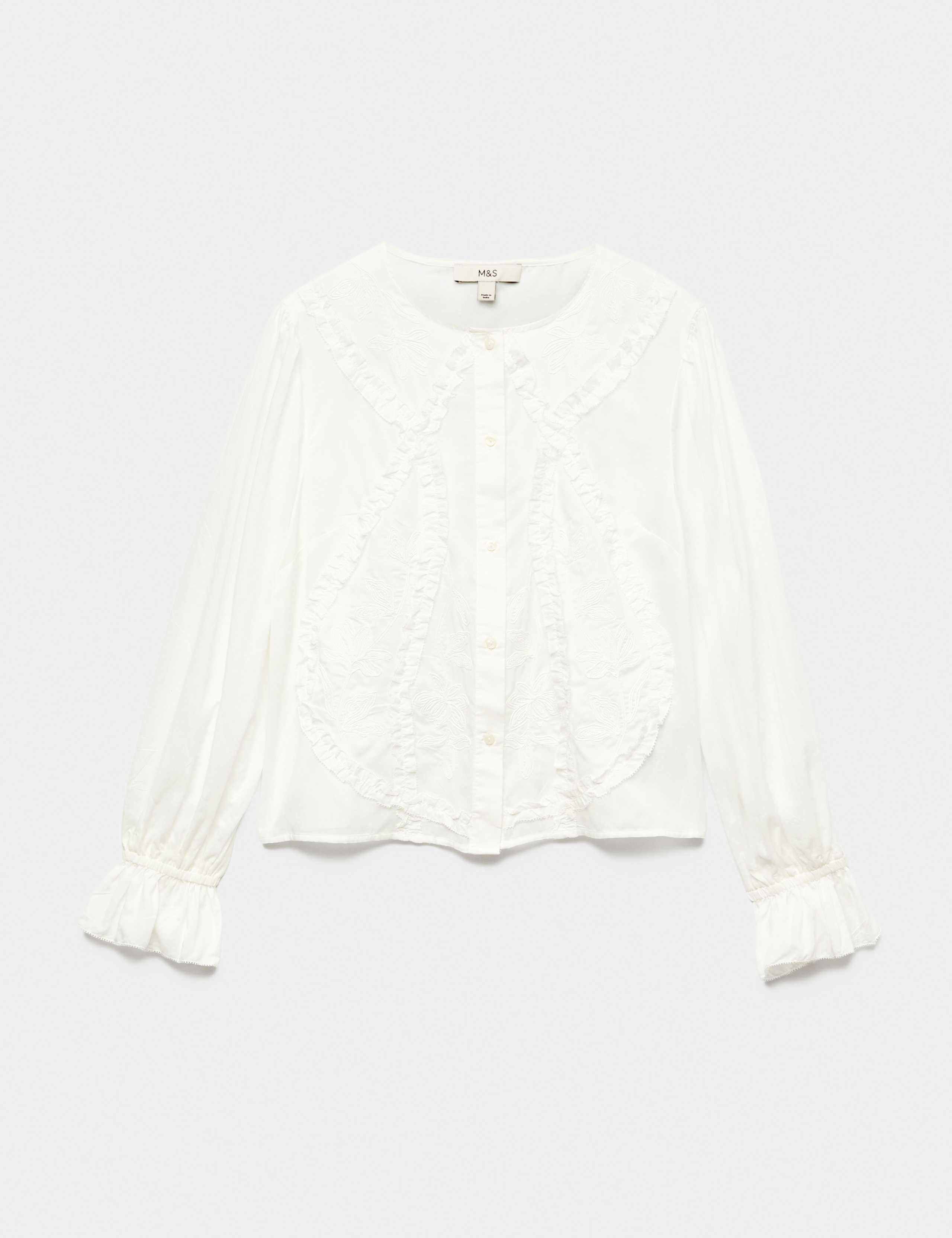 Cotton Rich Embroidered Ruffle Detail Top 1 of 1