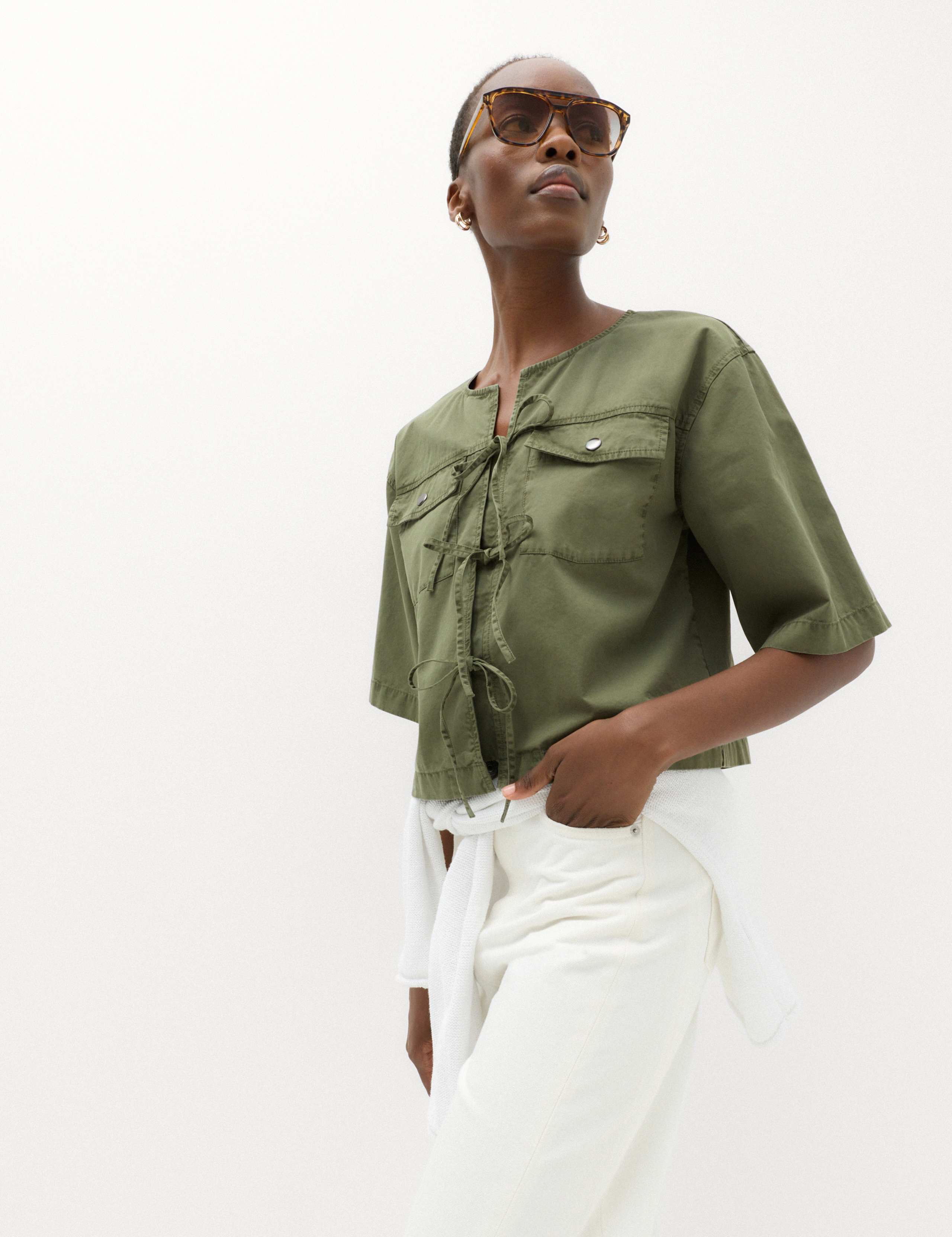Pure Cotton Utility Tie Front Cropped Blouse 6 of 6