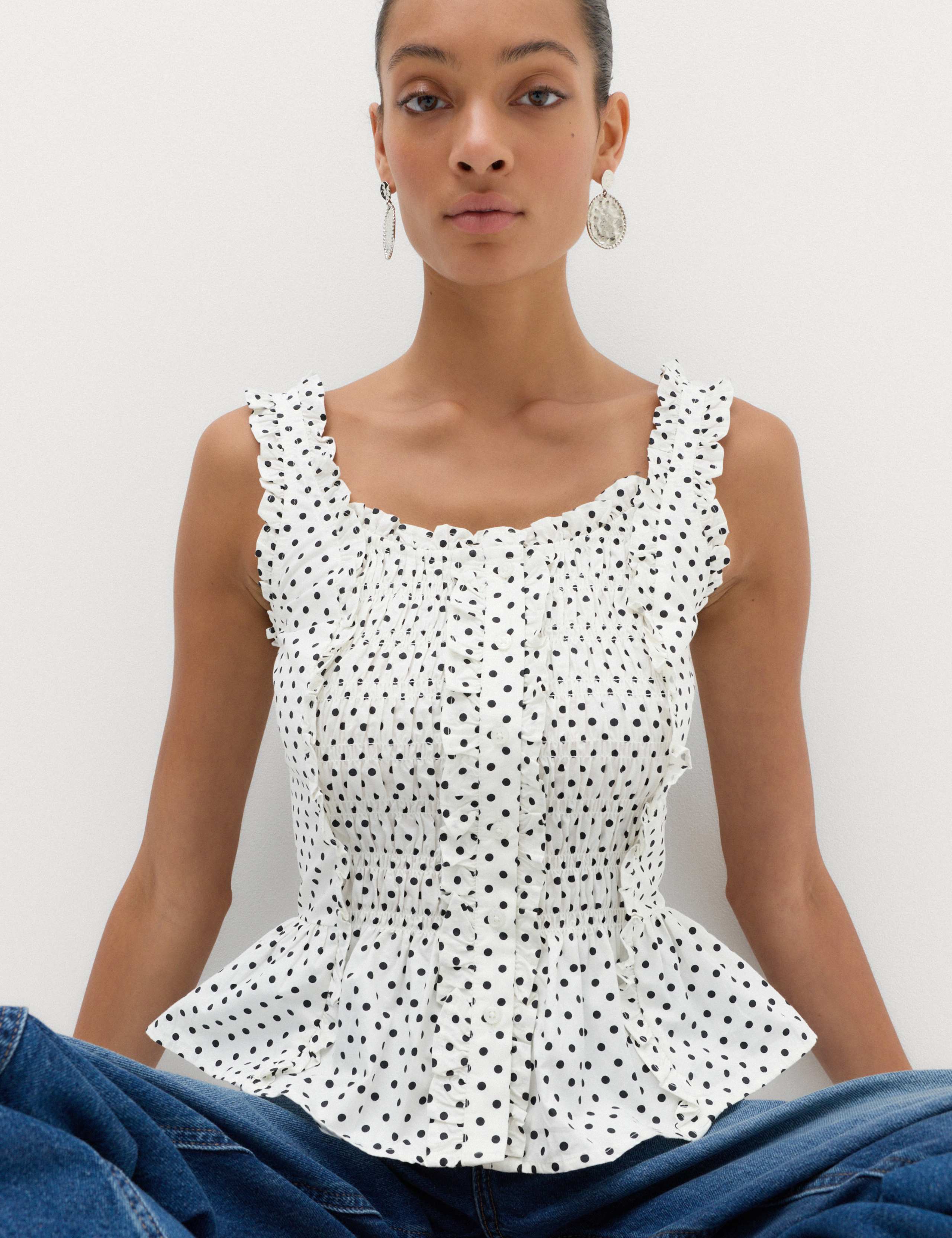 Pure Cotton Polka Dot Ruffle Detail Peplum Top 5 of 6