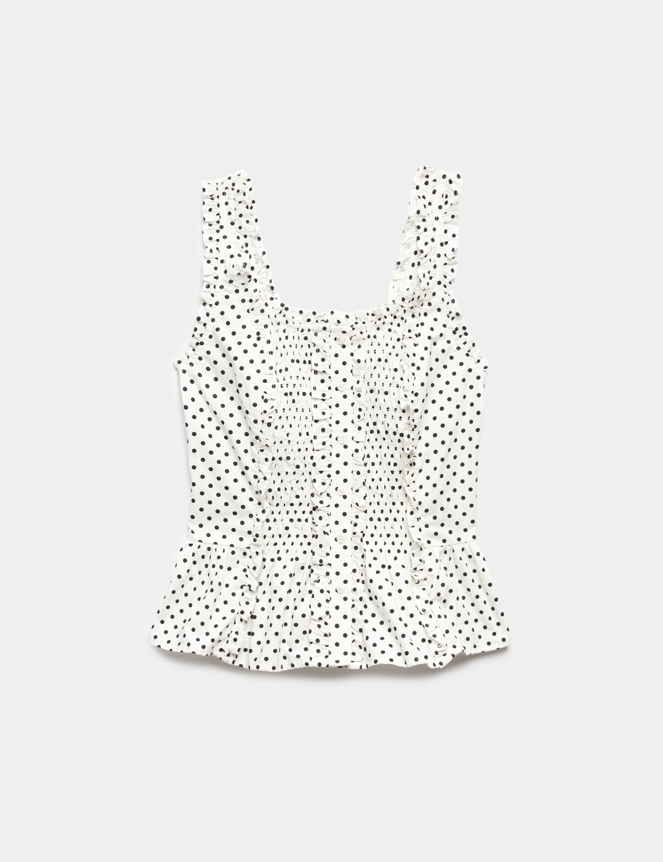 Pure Cotton Polka Dot Ruffle Detail Peplum Top 2 of 6