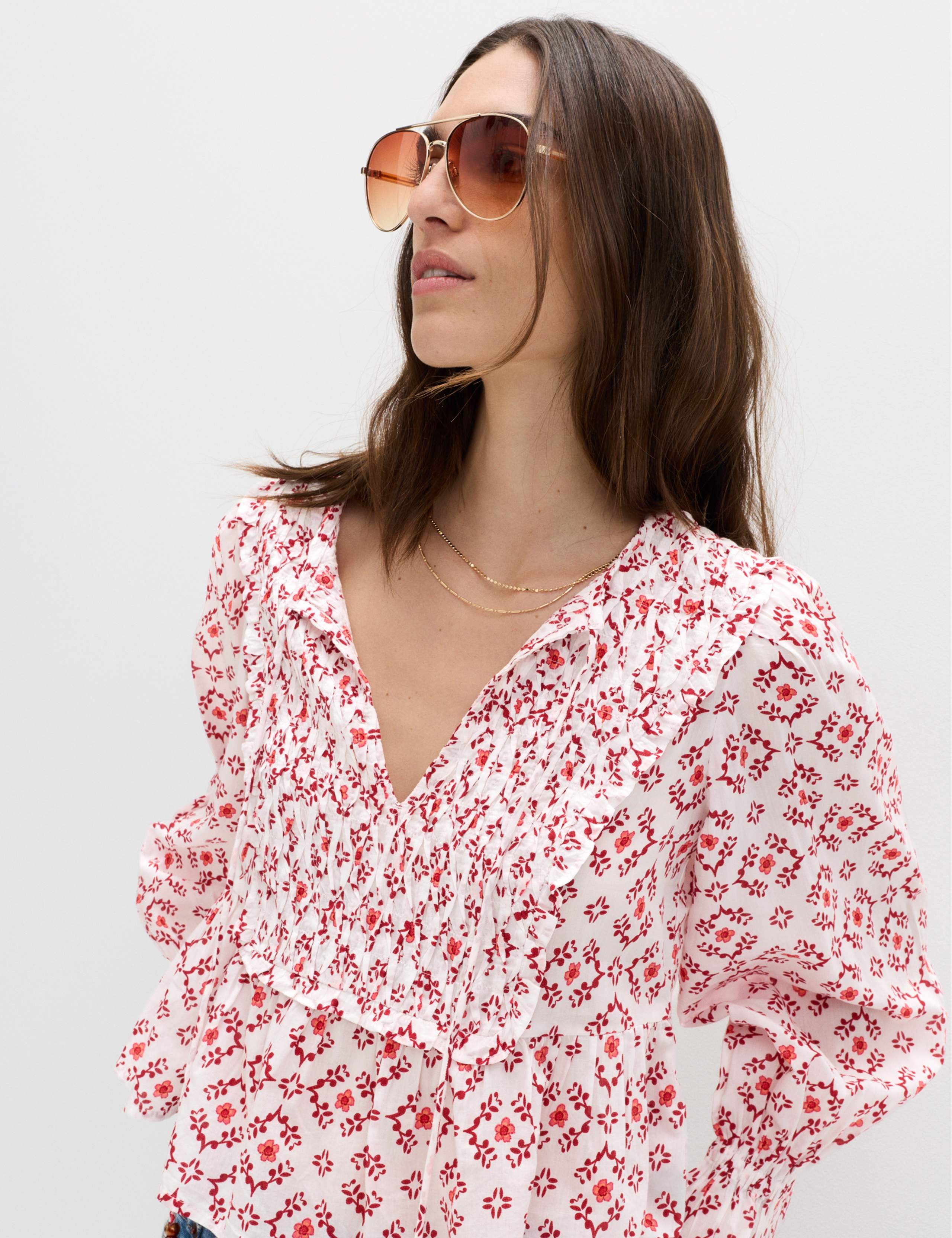 Cotton Rich Tie Neck Puff Sleeve Blouse 1 of 6