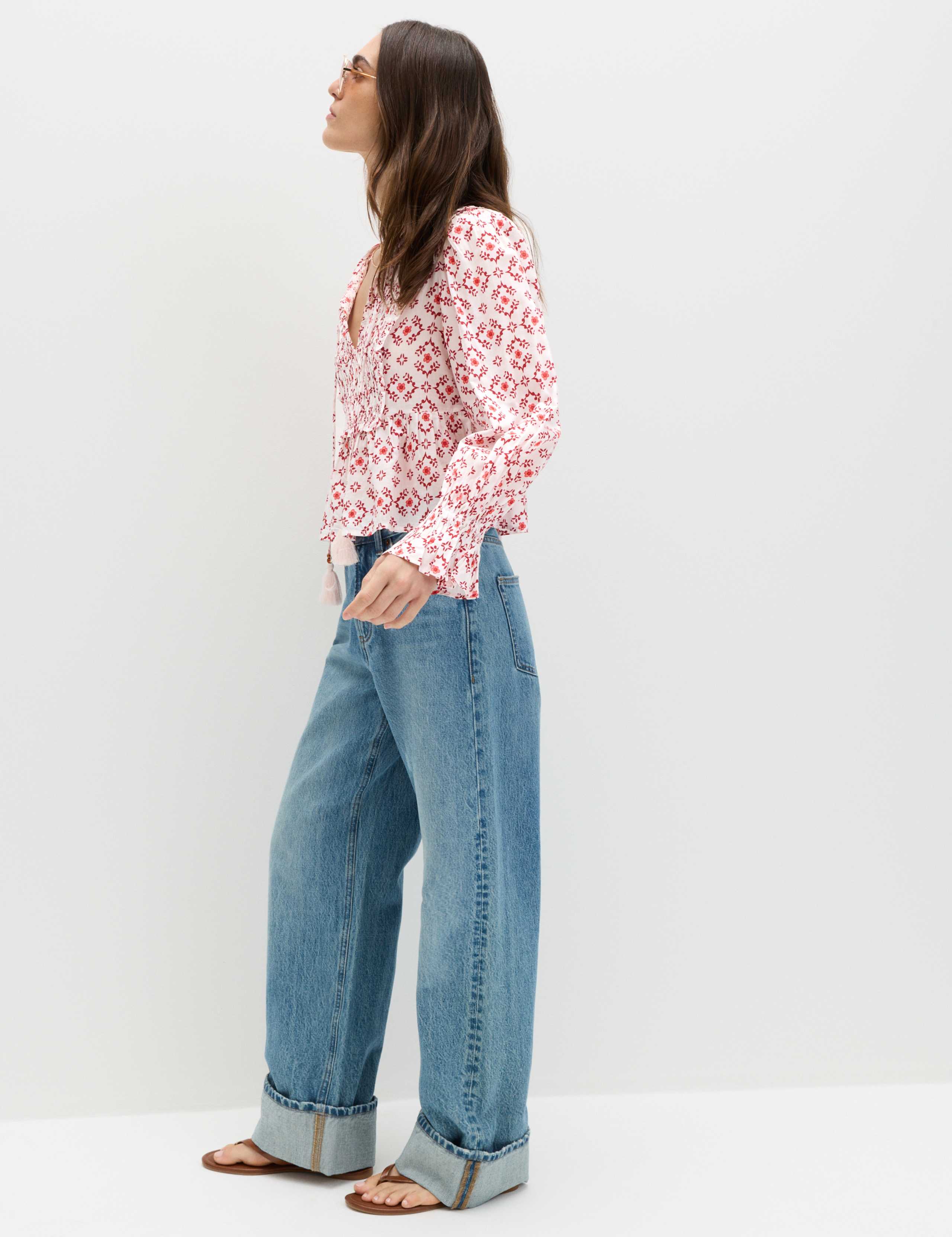Cotton Rich Tie Neck Puff Sleeve Blouse 3 of 6