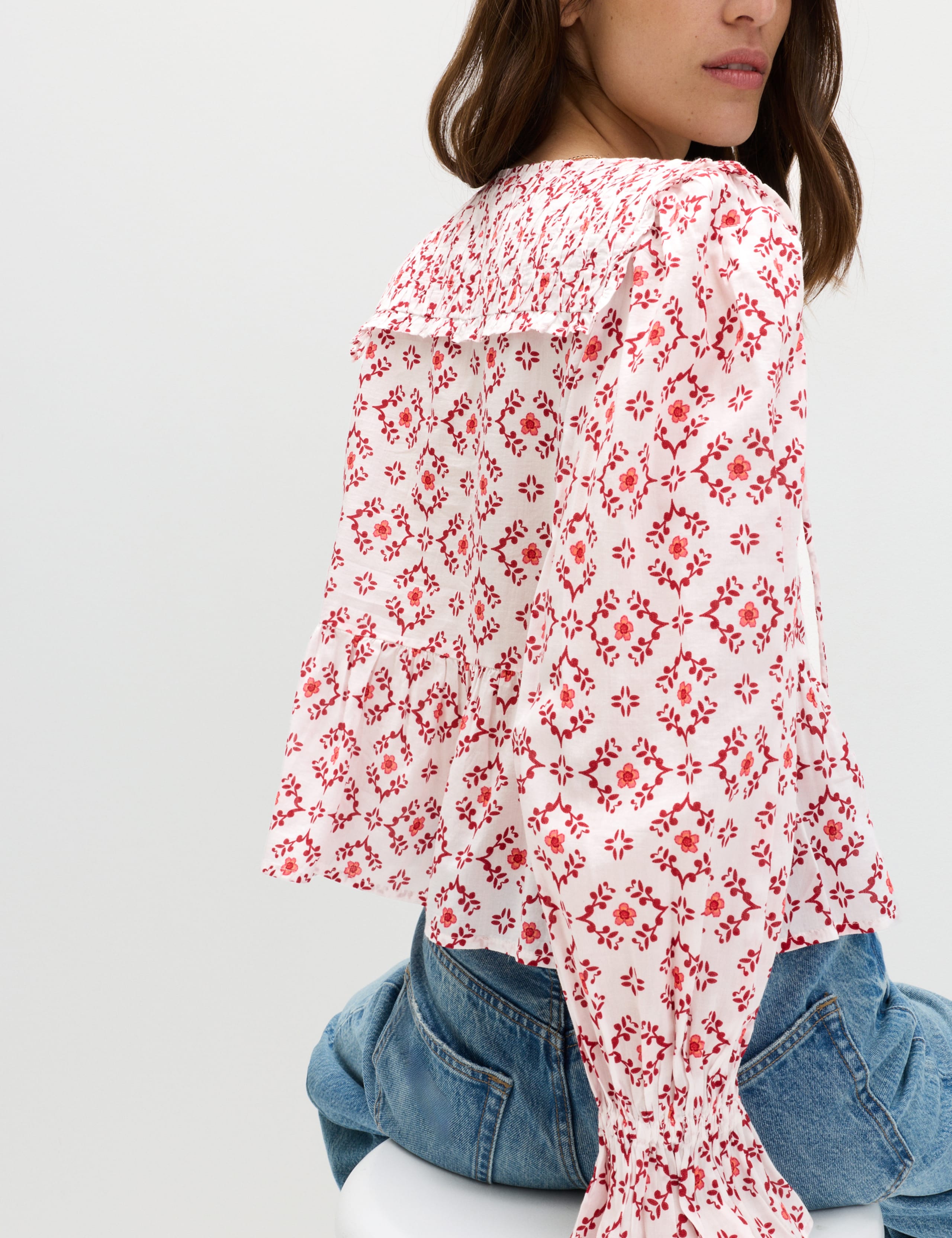 Cotton Rich Tie Neck Puff Sleeve Blouse 4 of 6
