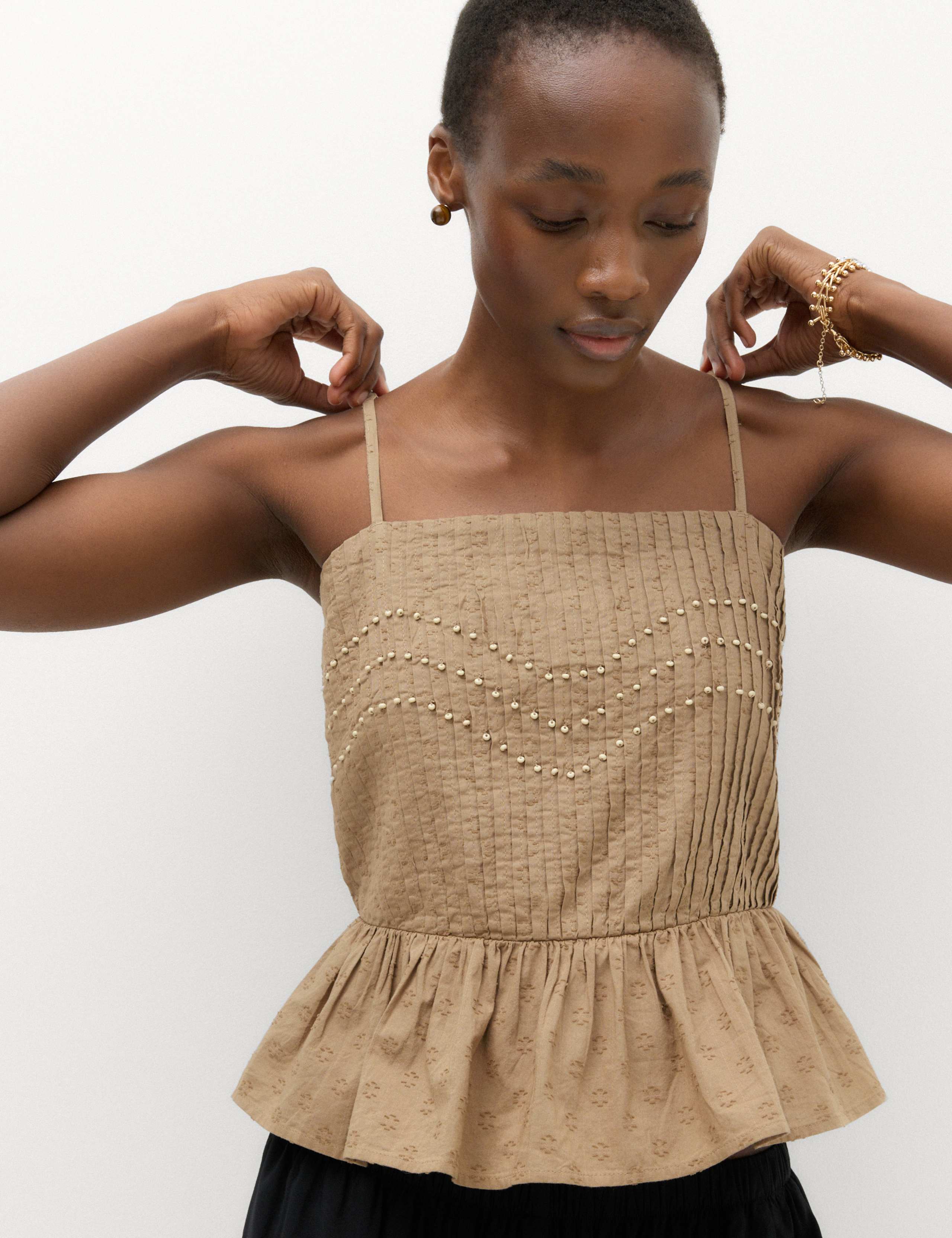 Pure Cotton Embellished Square Neck Cami 1 of 7
