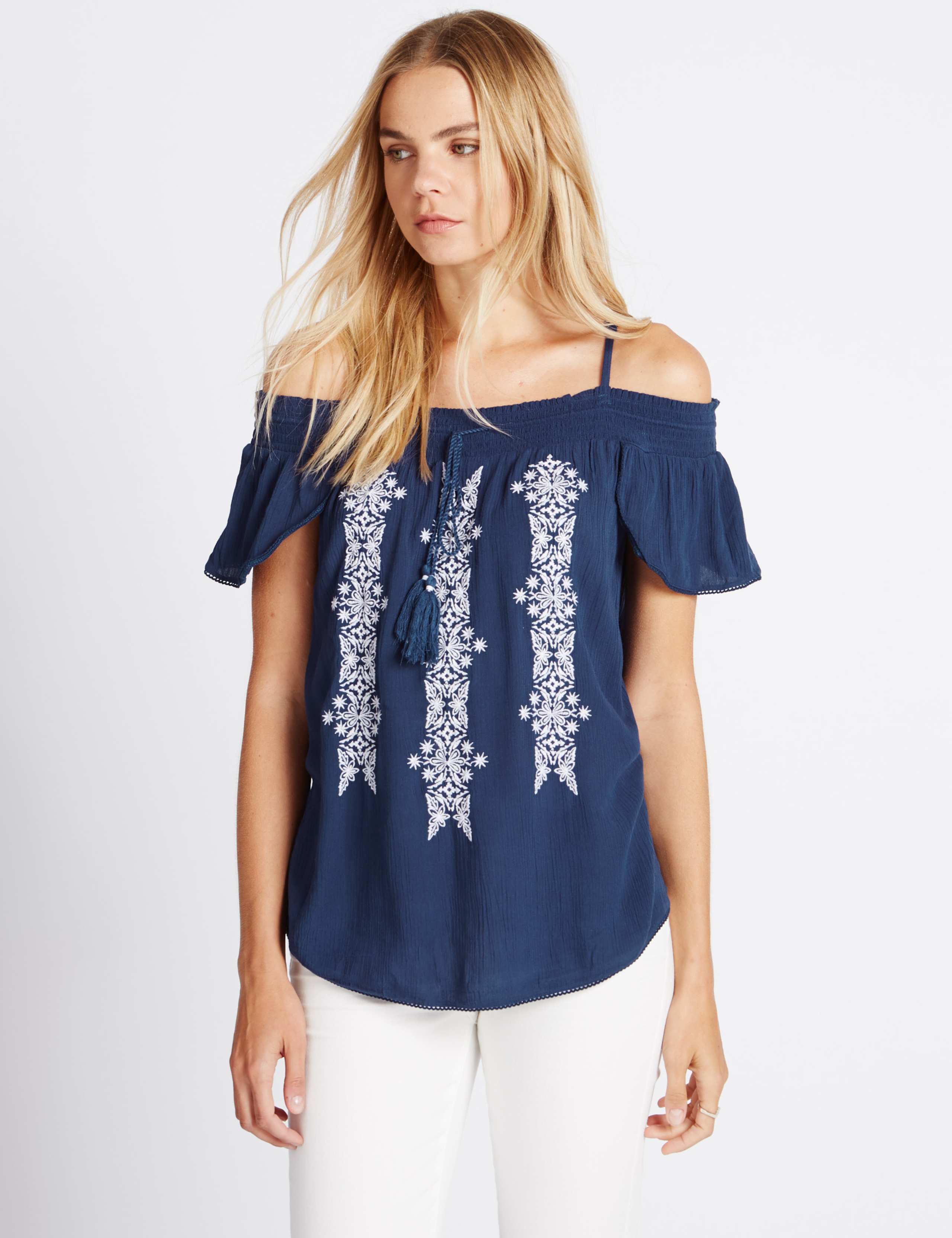 Embroidered Cold Shoulder Bardot Blouse 1 of 3