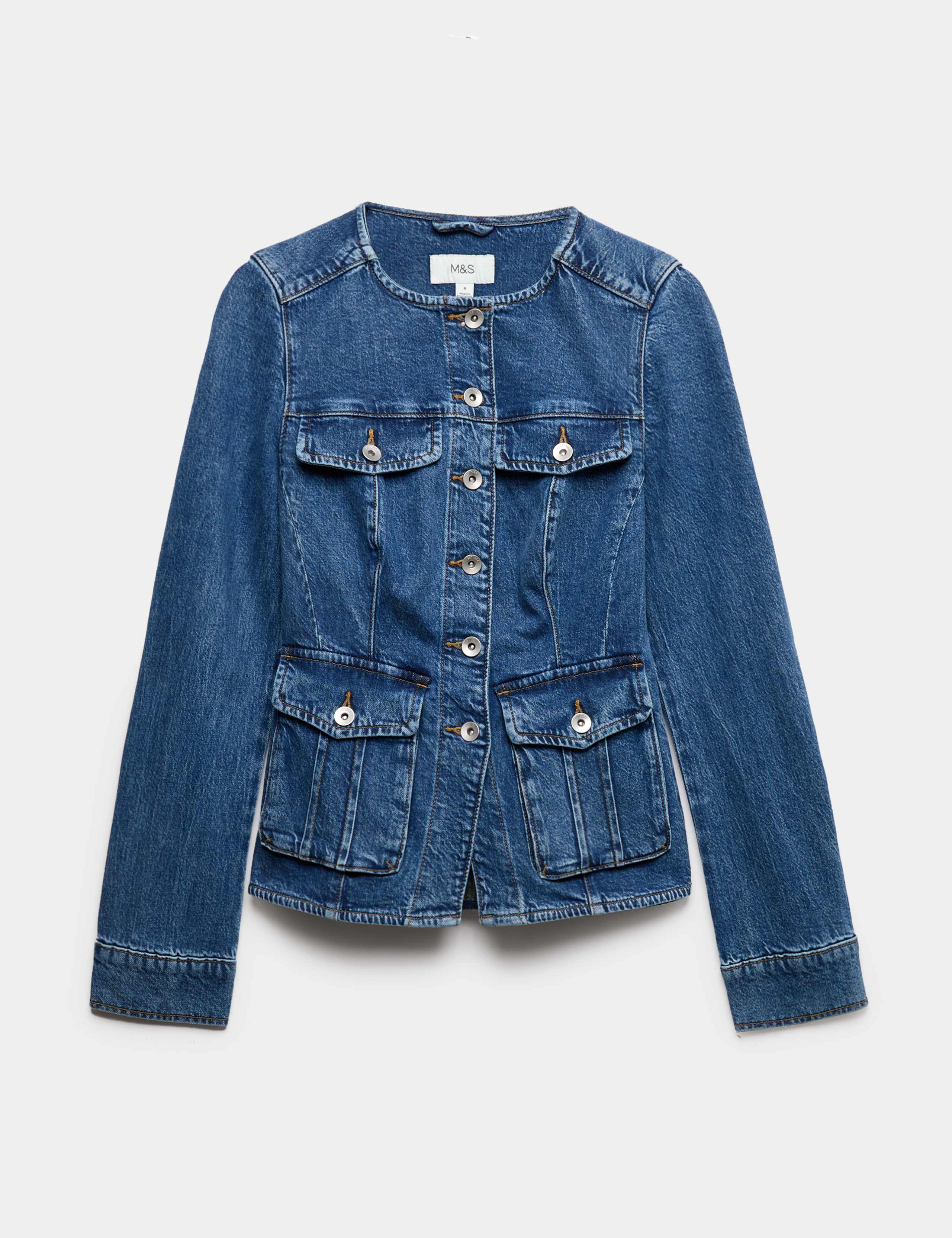 Denim Collarless Fitted Utility Jacket 2 of 6