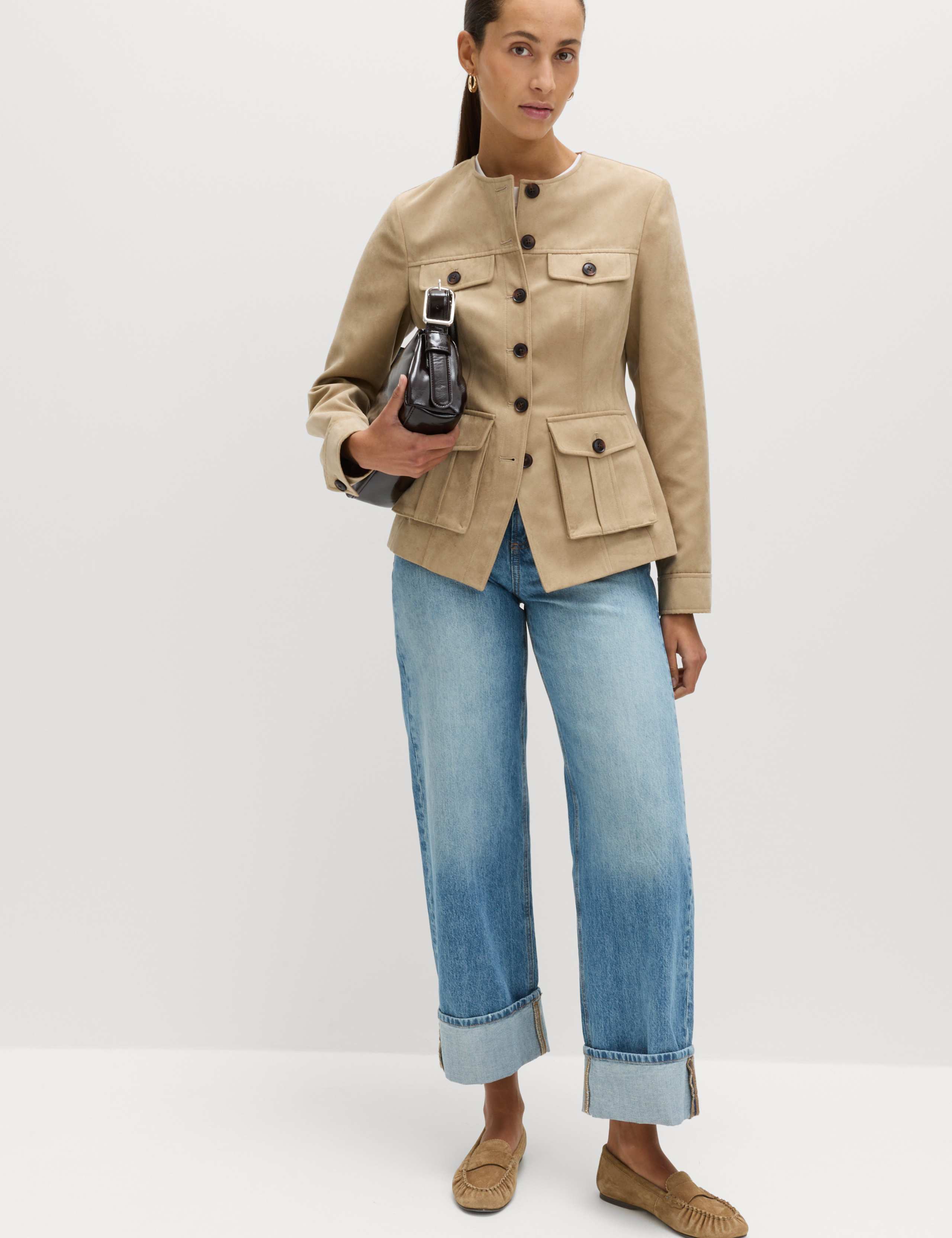 Suedette Colarless Utility Jacket 1 of 6