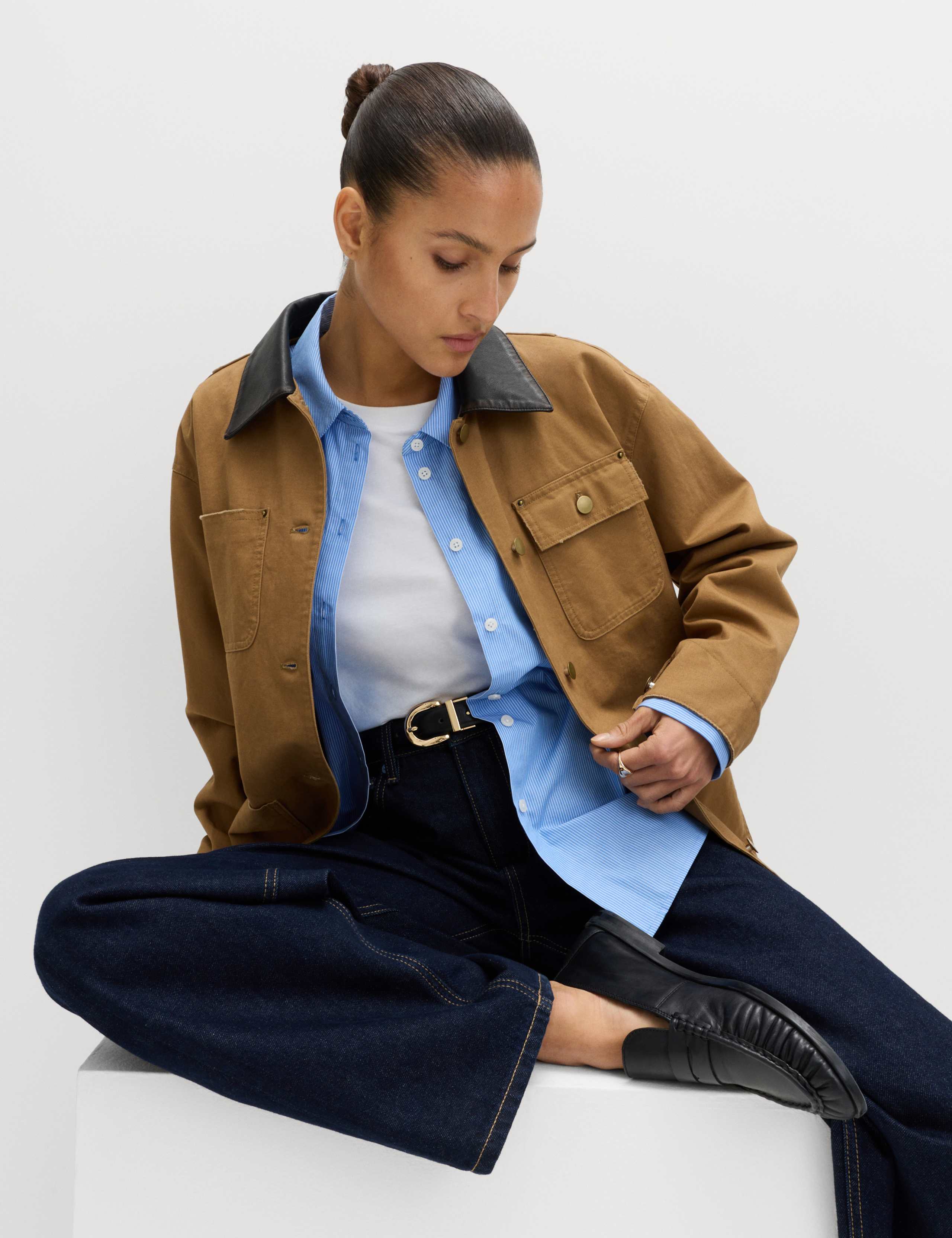 Pure Cotton Faux Leather Collared Barn Jacket 1 of 7