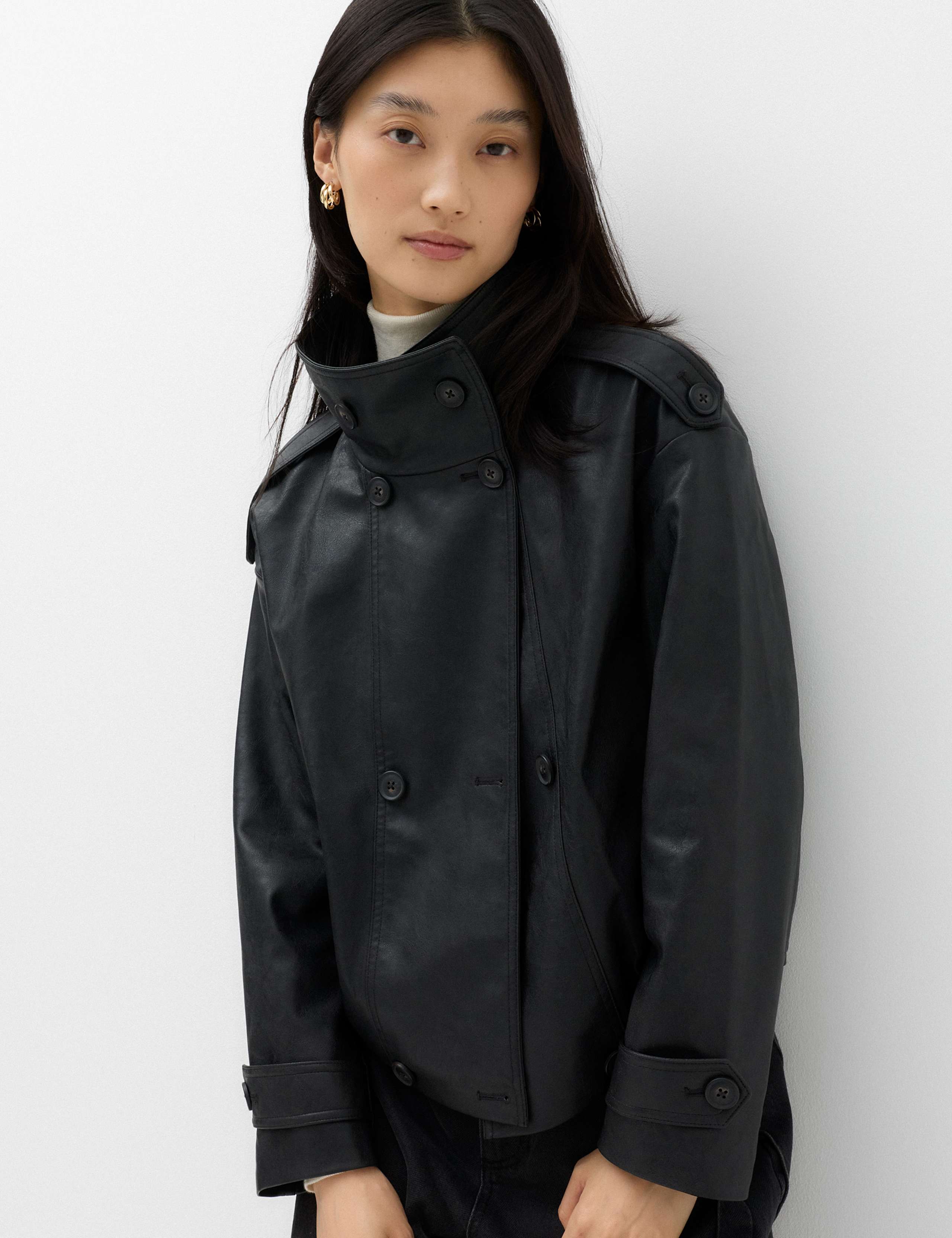 Faux Leather Funnel Neck Biker Jacket 5 of 7