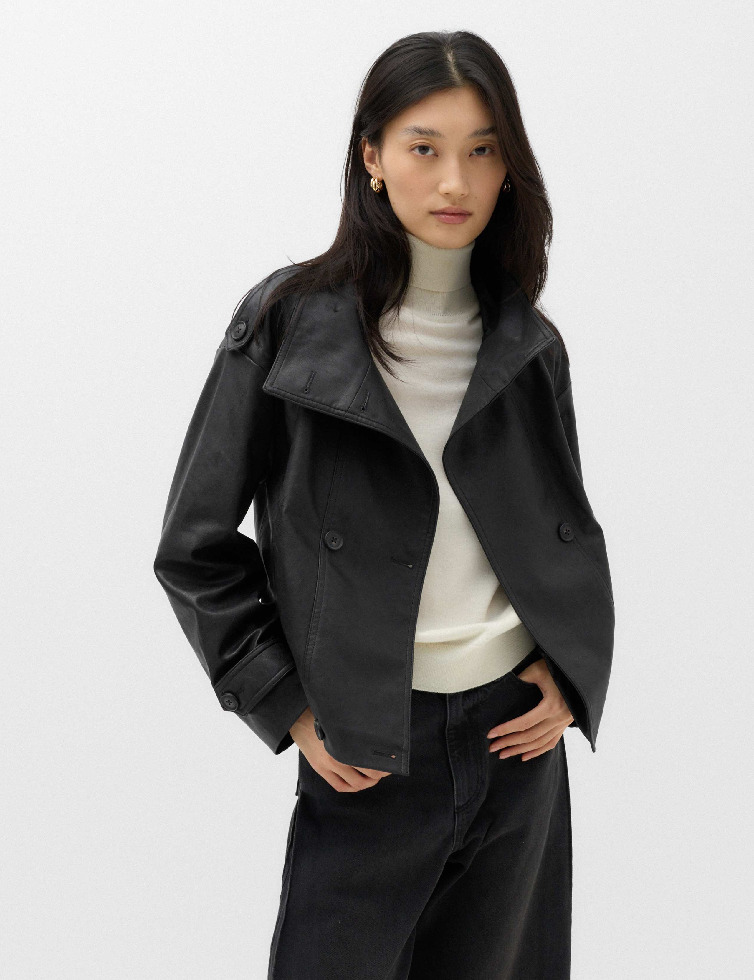 Faux Leather Funnel Neck Biker Jacket 7 of 7