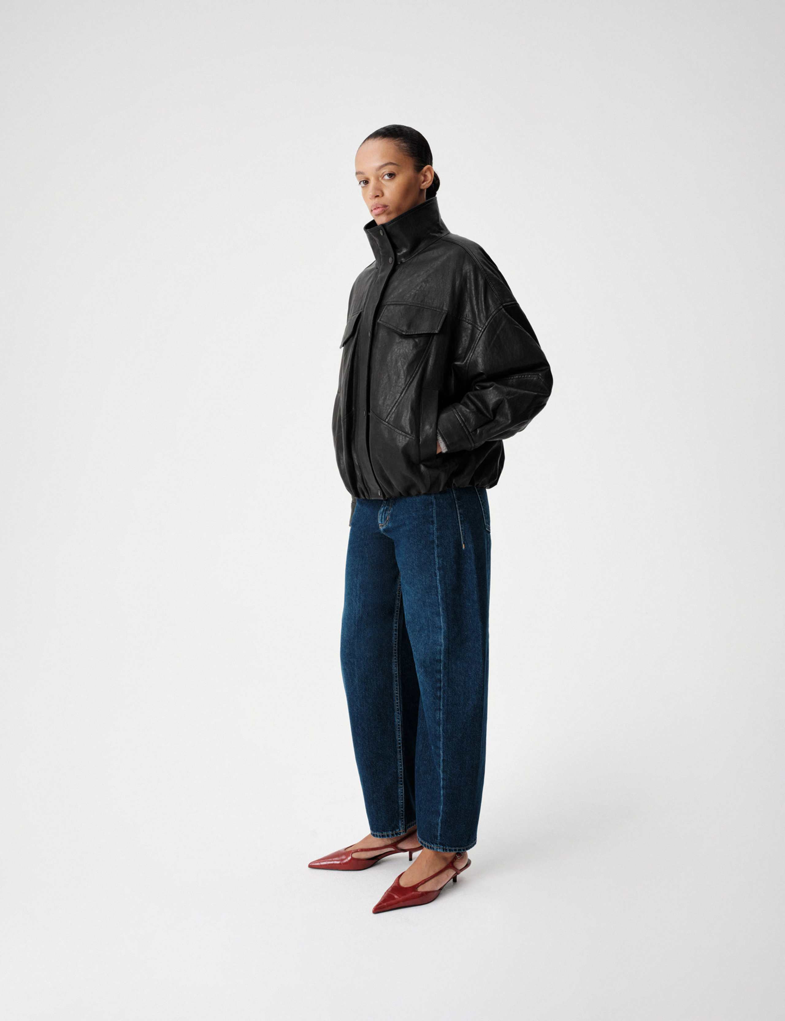 Faux Leather Faux Fur Funnel Collar Jacket 5 of 9