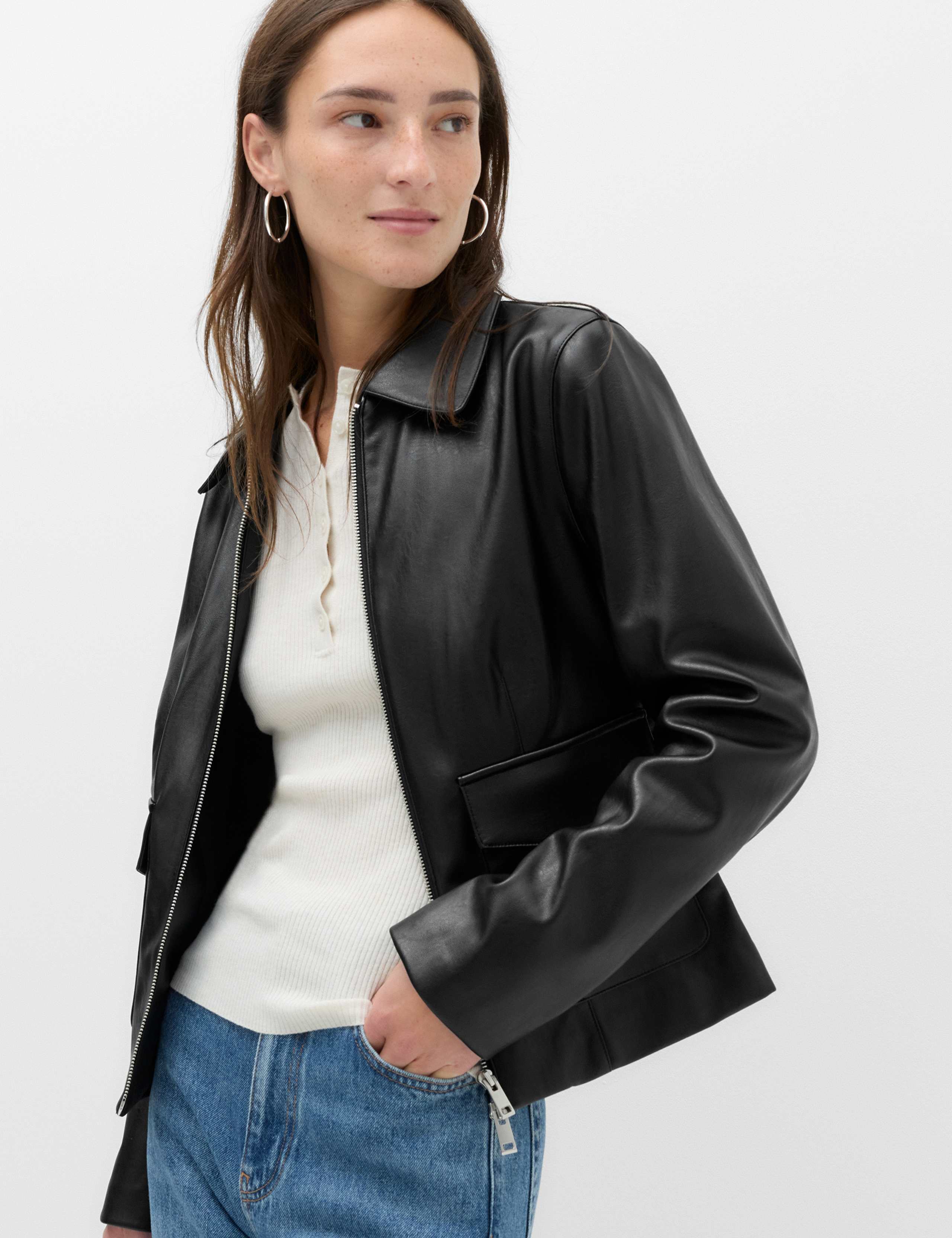 Faux Leather Zip Through Harrington Jacket 1 of 6