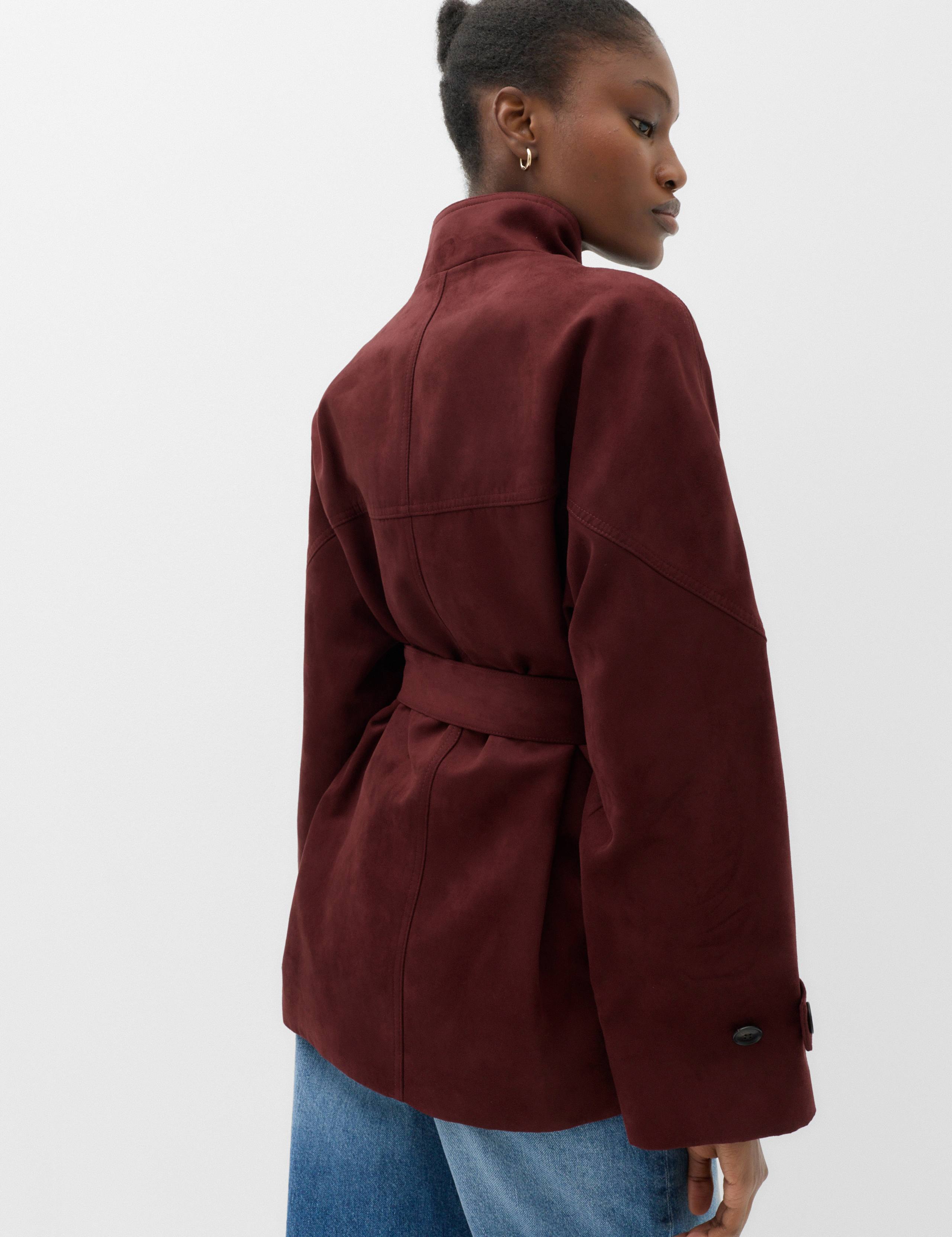 Suedette Funnel Neck Short Trench Coat 3 of 5
