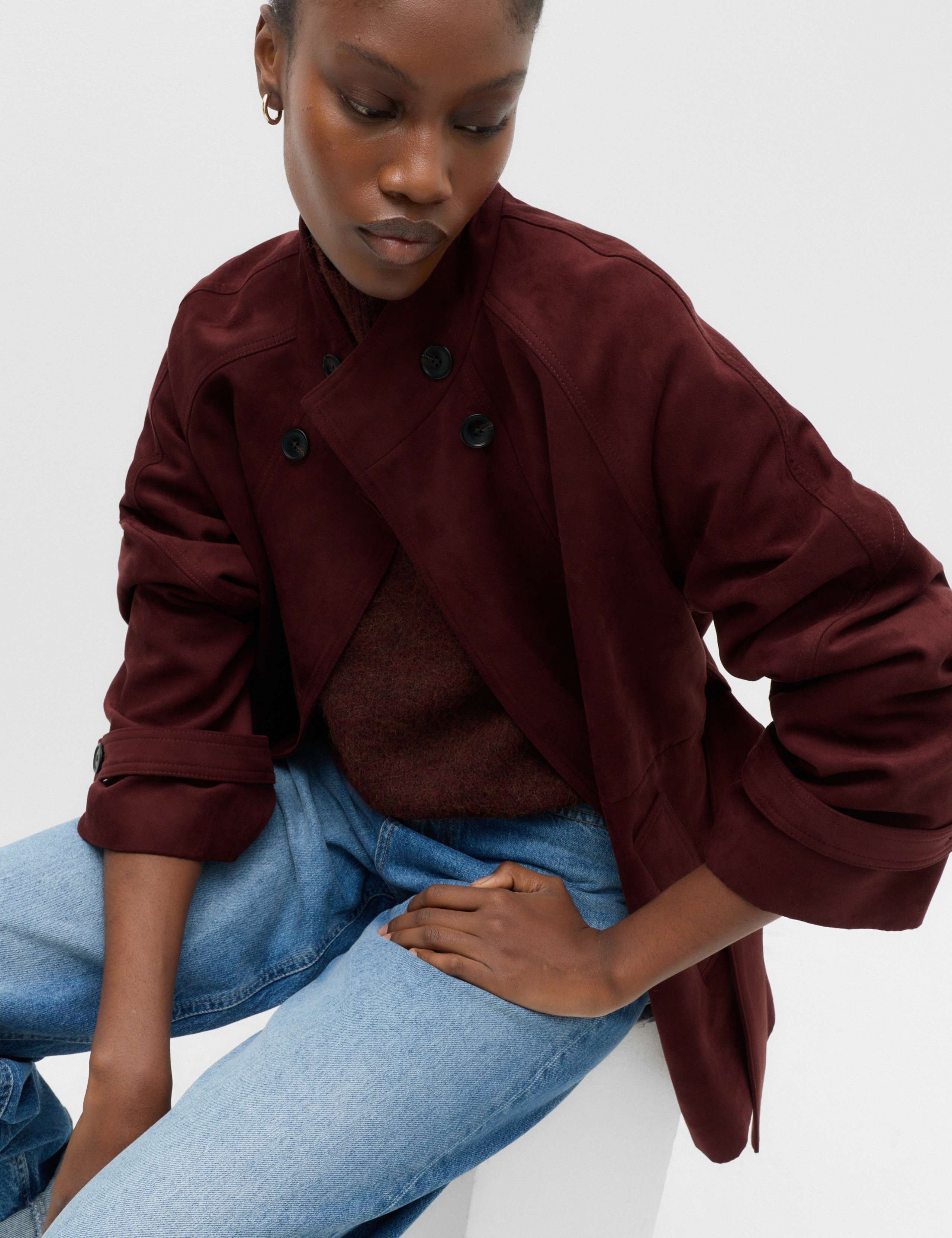 Suedette Funnel Neck Short Trench Coat 5 of 5