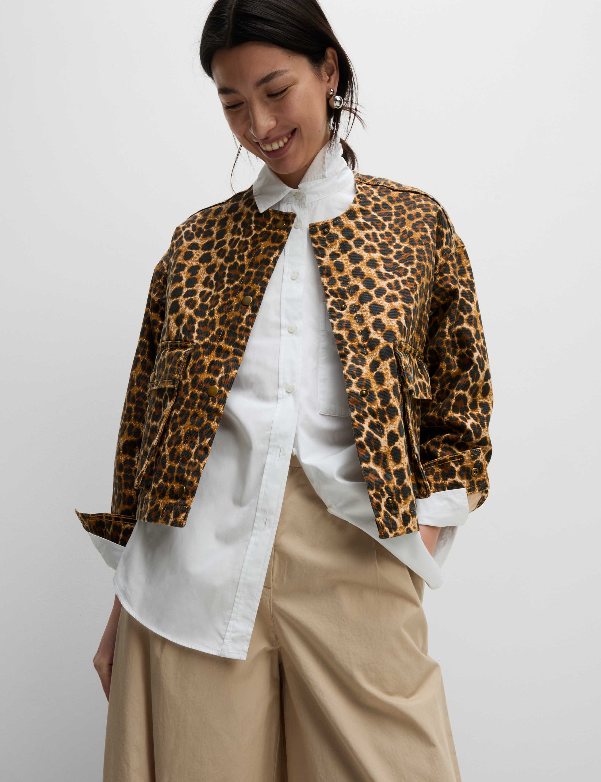 Denim Leopard Print Collarless Jacket 1 of 8