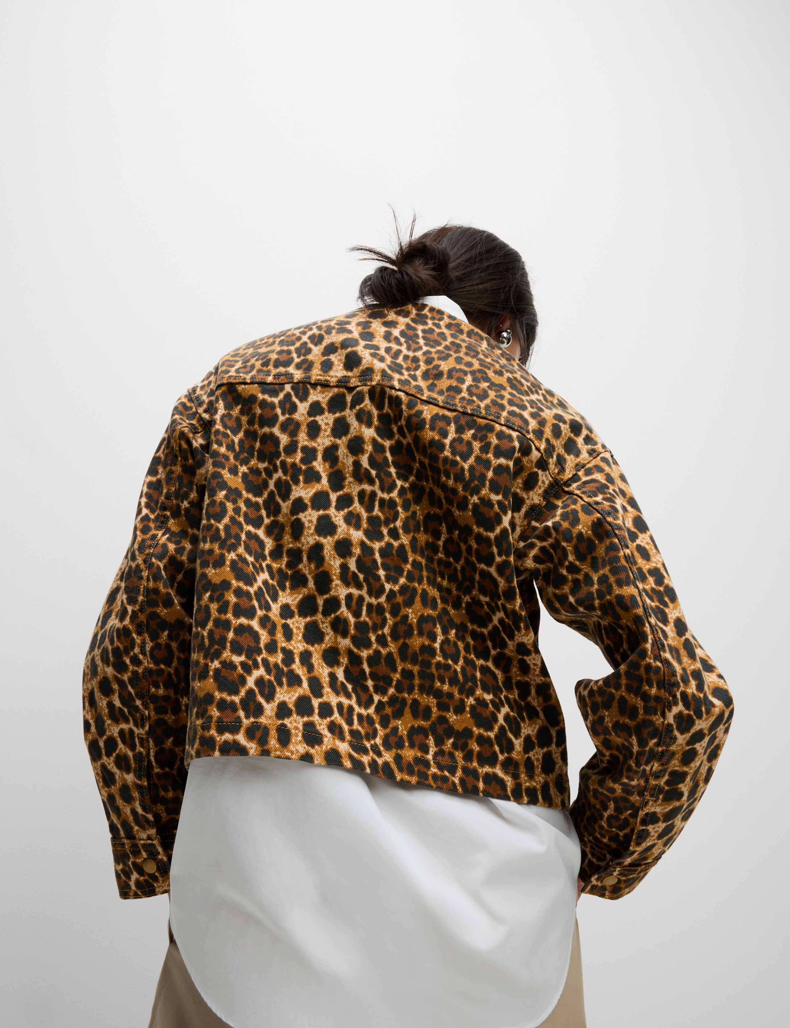 Denim Leopard Print Collarless Jacket 4 of 8