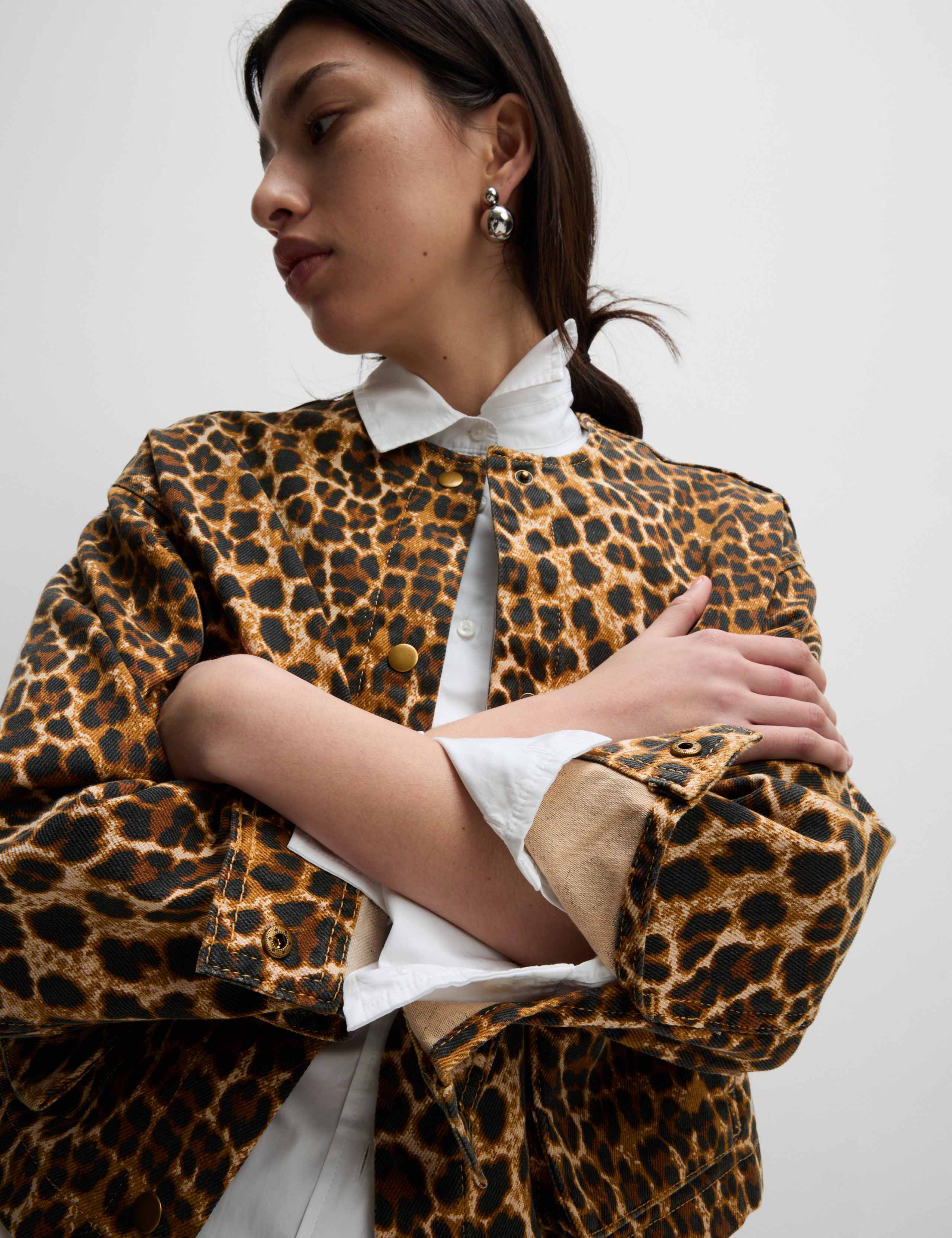 Denim Leopard Print Collarless Jacket 7 of 8