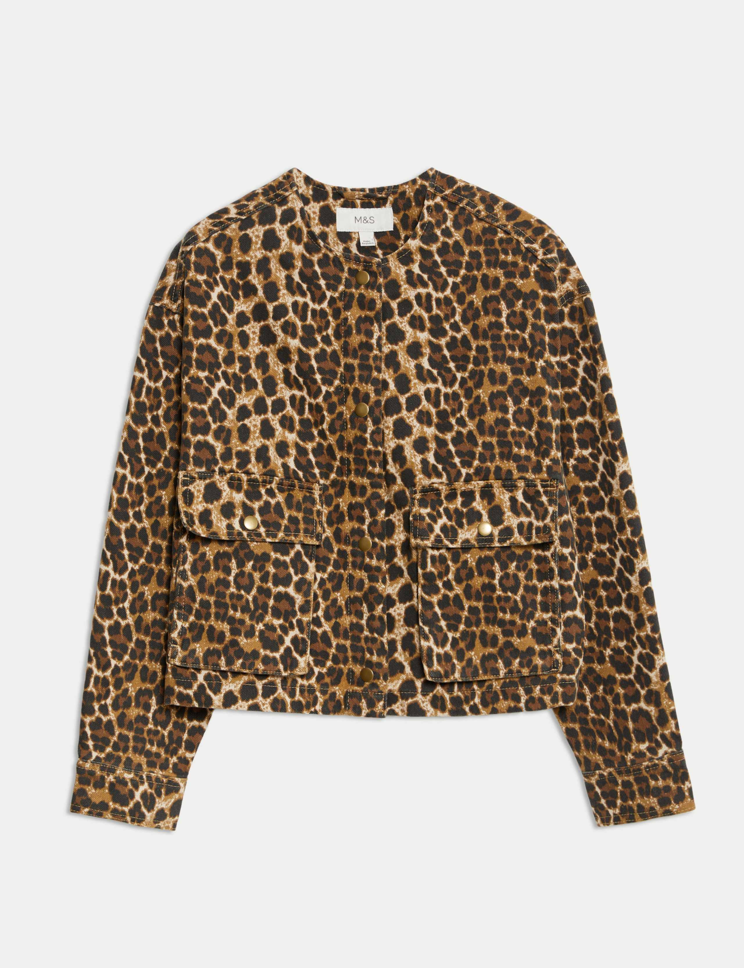Denim Leopard Print Collarless Jacket 2 of 8