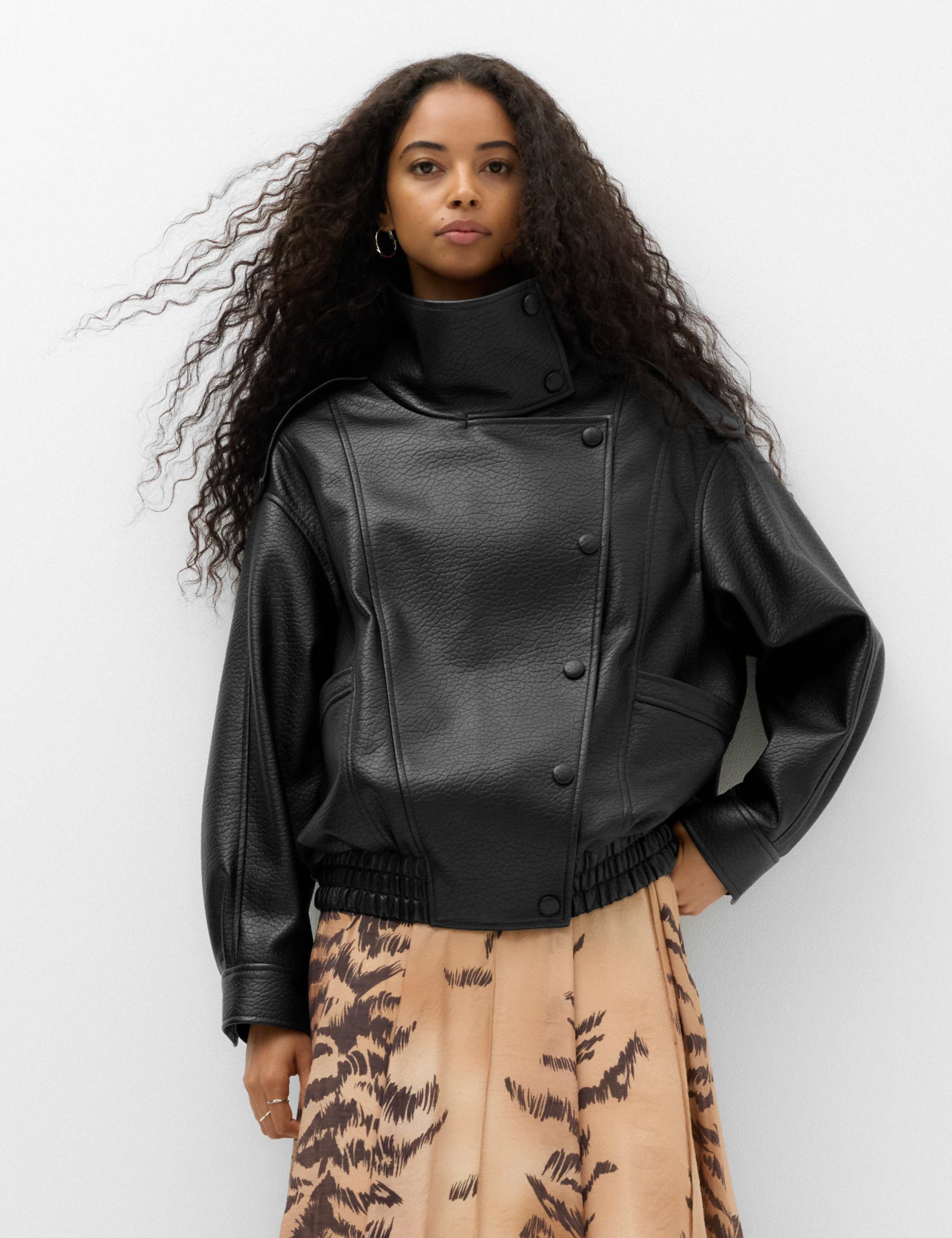 Faux Leather Funnel Neck Bomber Jacket 7 of 7