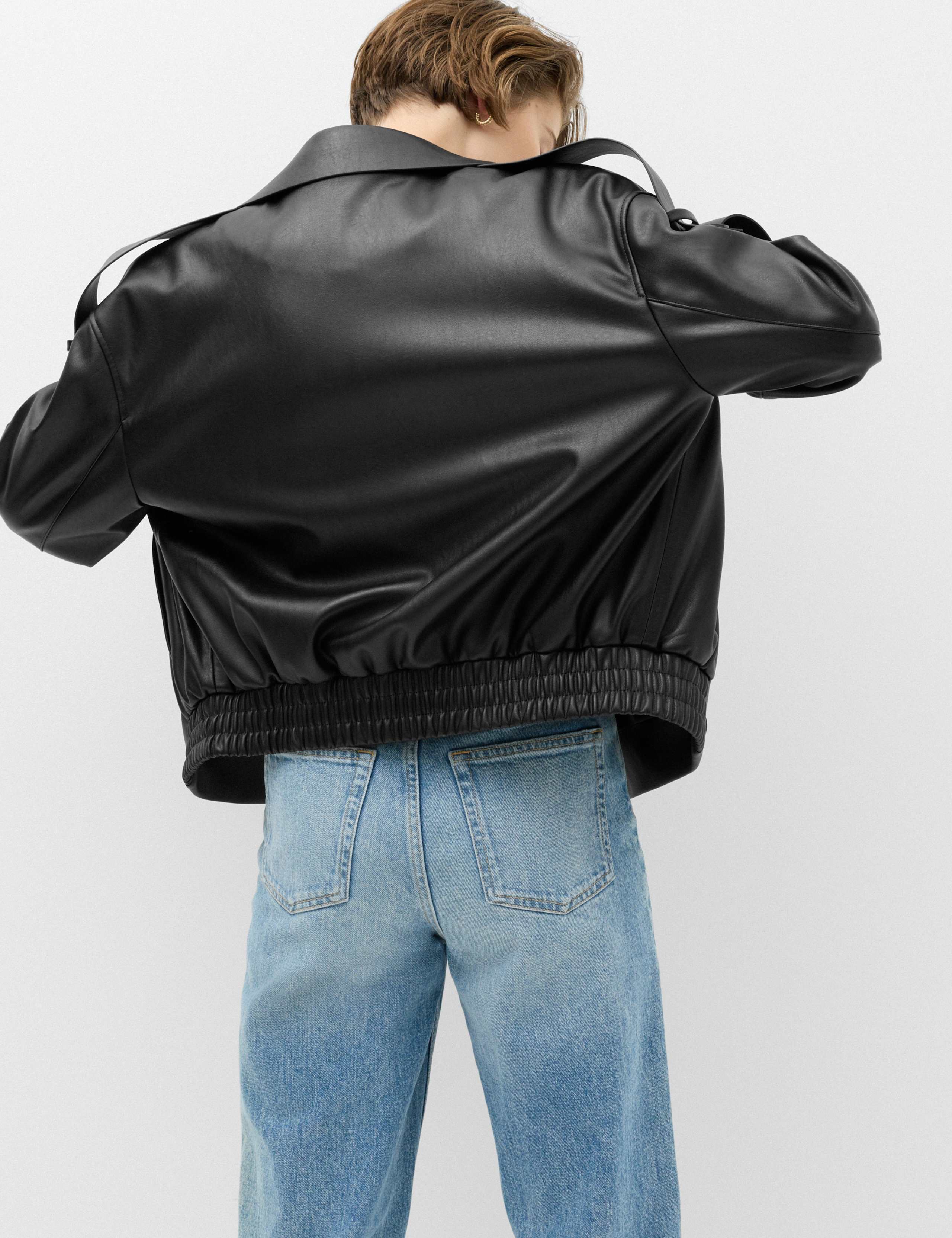 Faux Leather Revere Collar Short Jacket 4 of 7