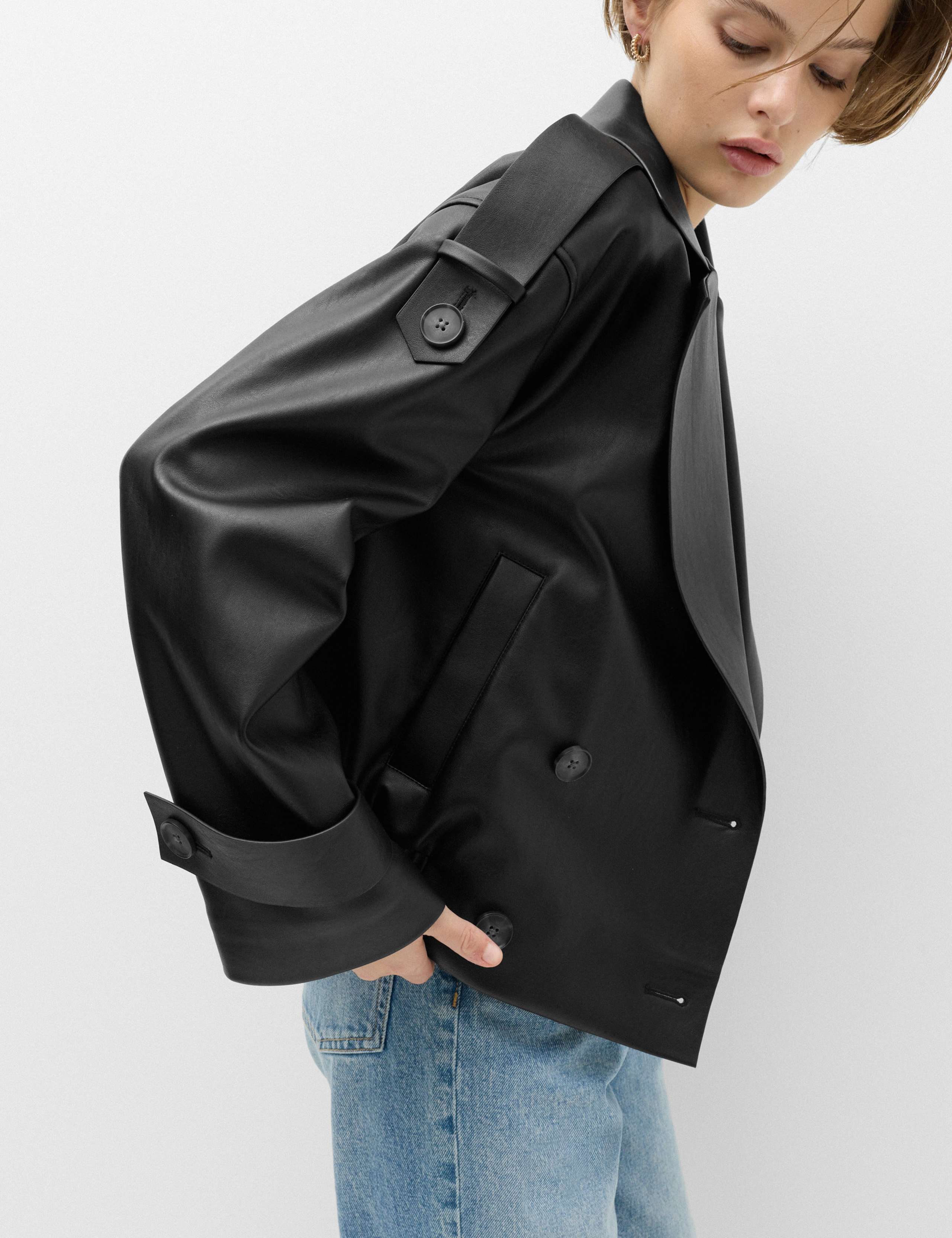 Faux Leather Revere Collar Short Jacket 5 of 7