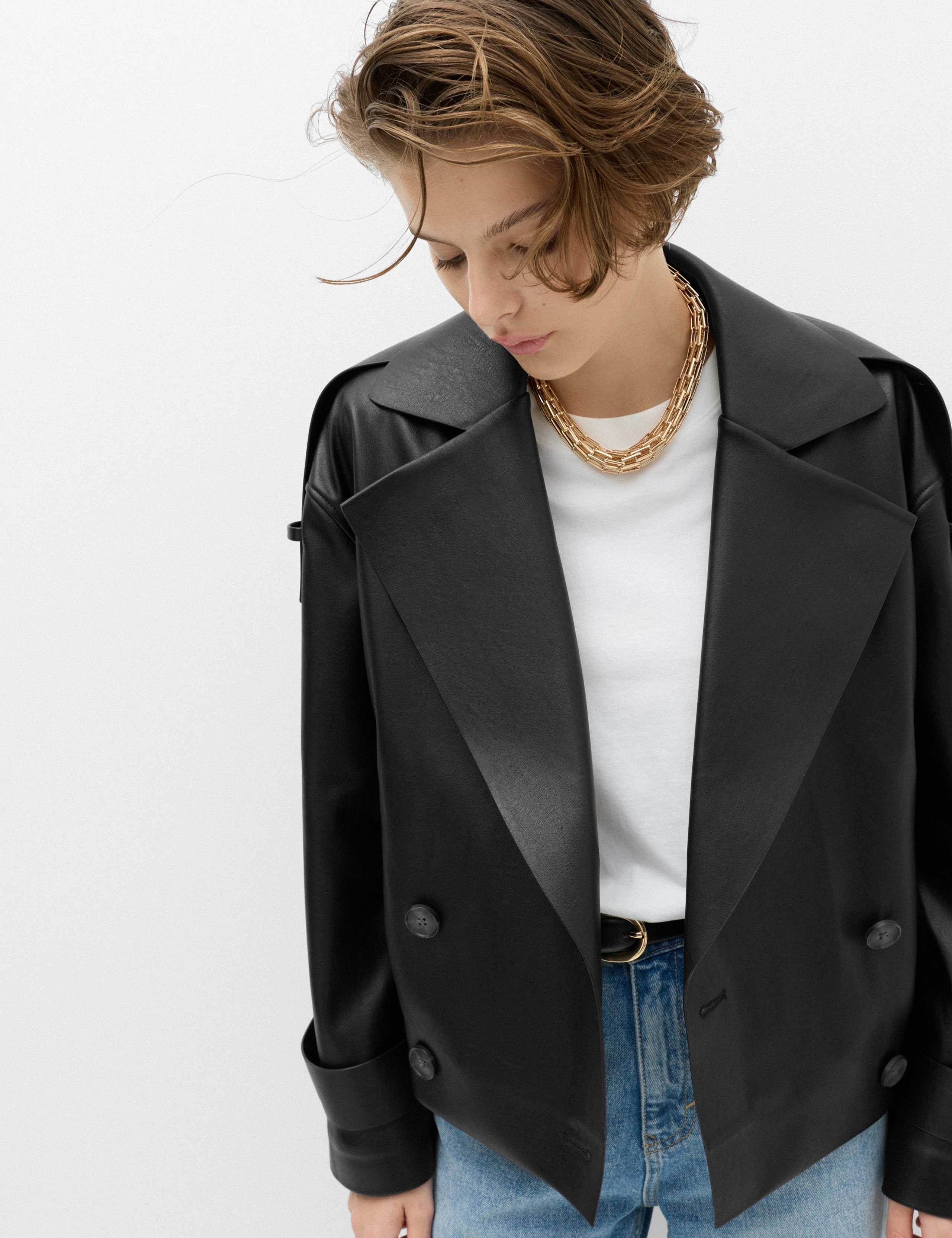 Faux Leather Revere Collar Short Jacket 7 of 7