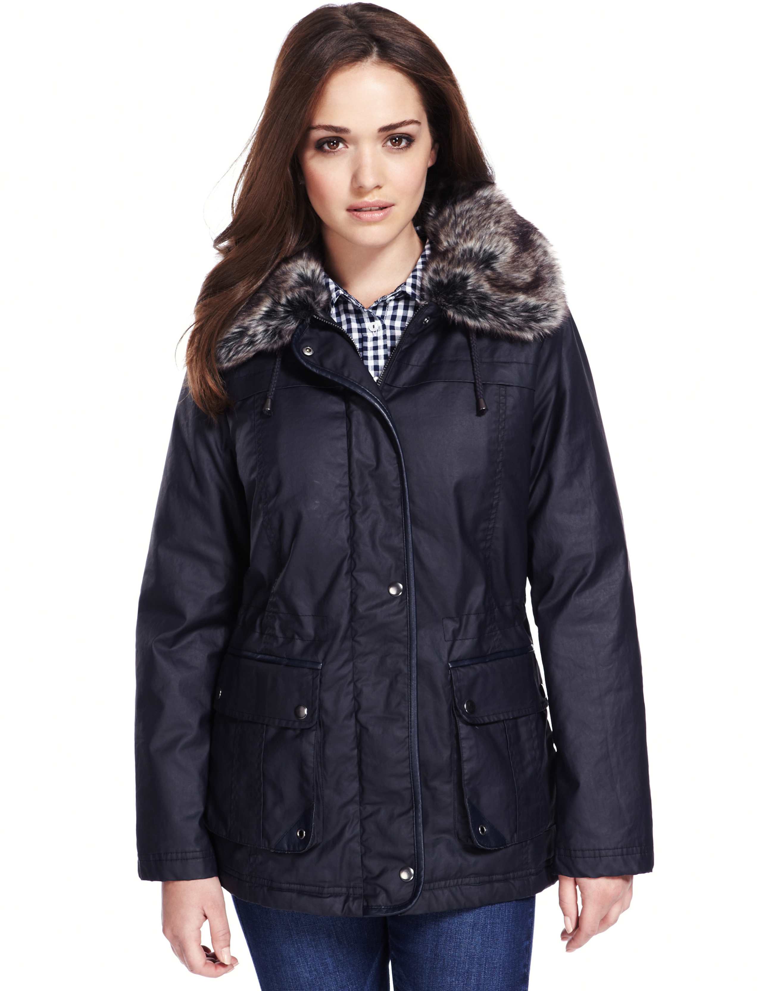 Pure Cotton Faux Fur Trim Waxy Coat 1 of 10