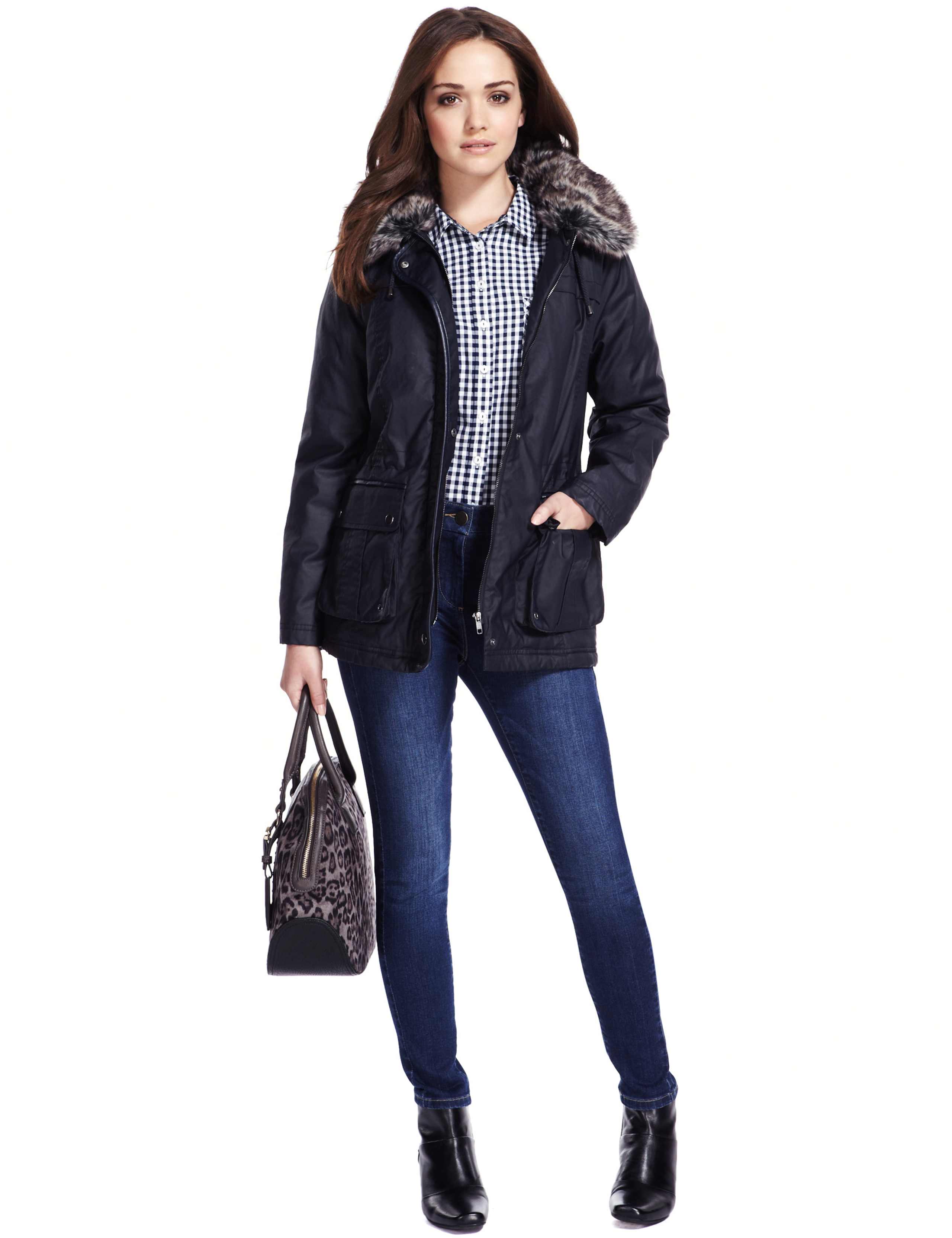 Pure Cotton Faux Fur Trim Waxy Coat 5 of 10