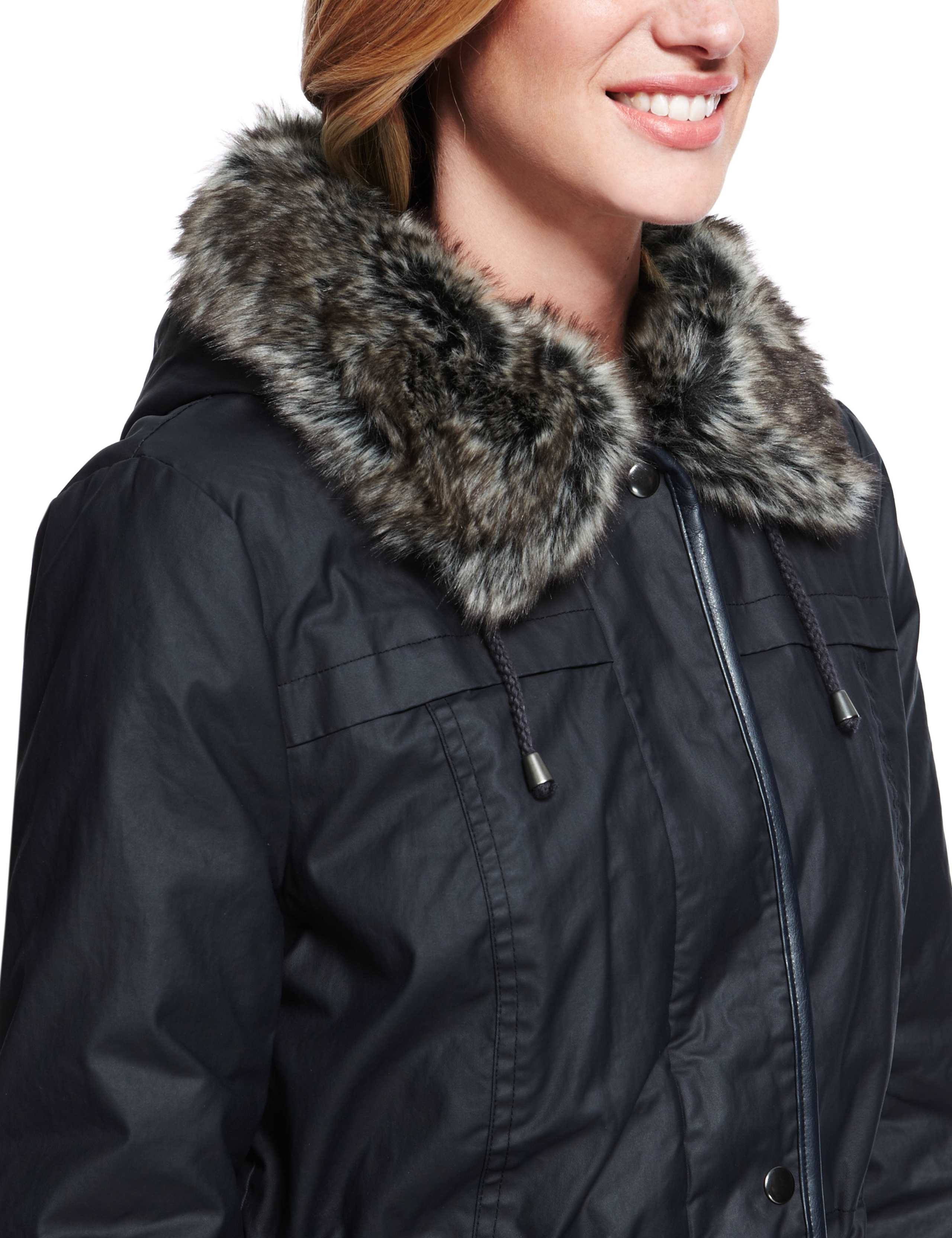 Pure Cotton Faux Fur Trim Waxy Coat 7 of 10