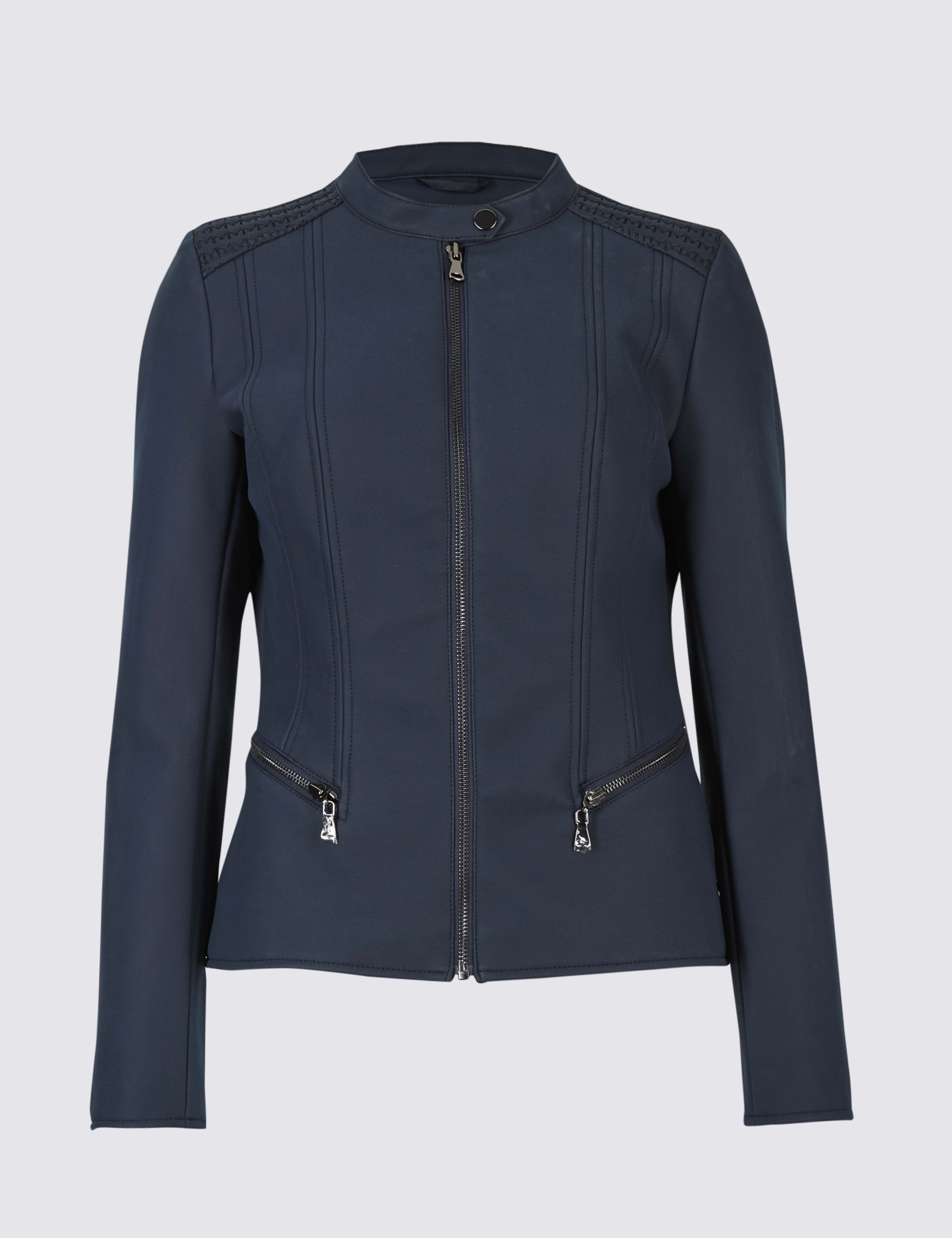 Faux Leather Stretch Detail Biker Jacket 2 of 5