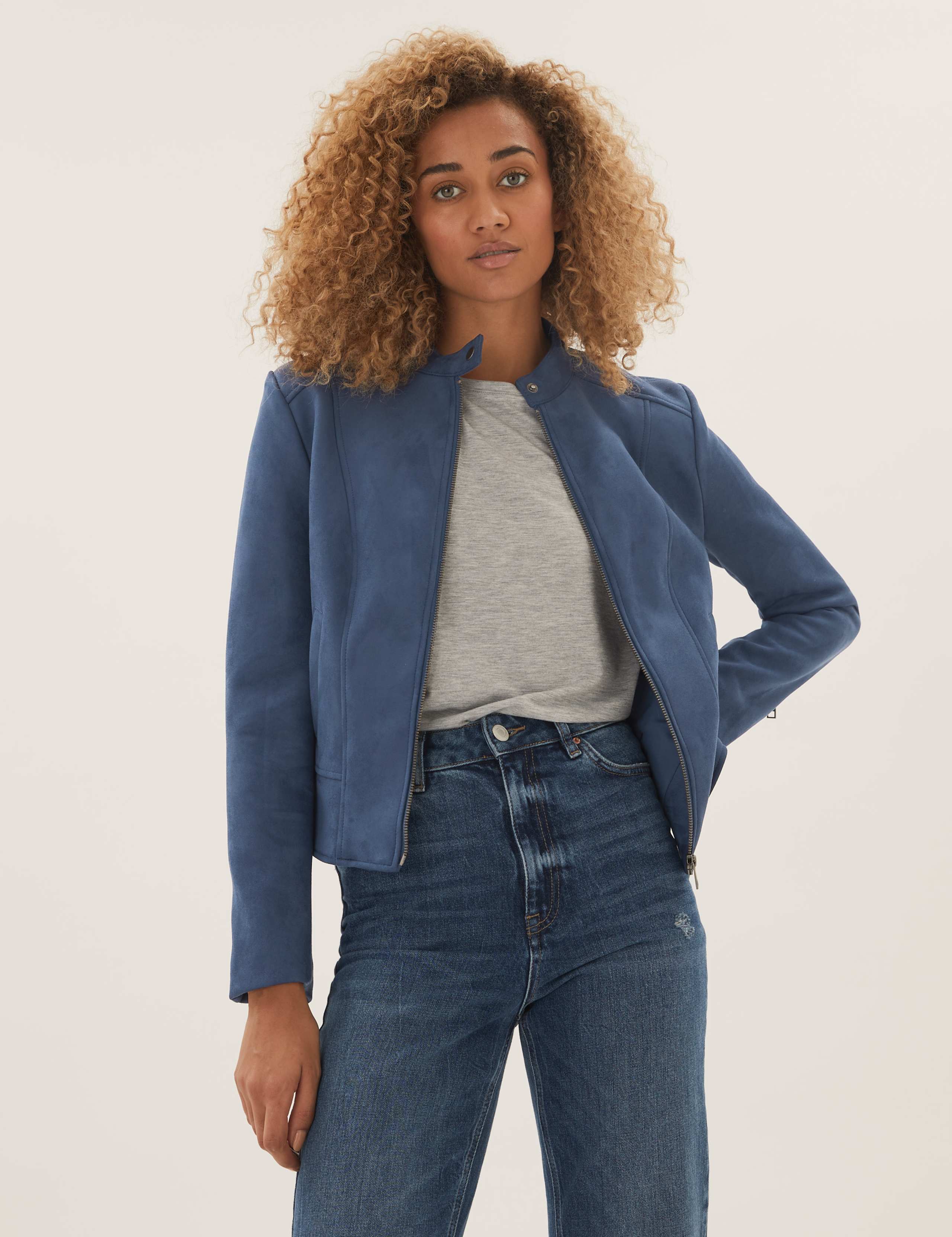Faux Suede Collarless Biker Jacket 4 of 6