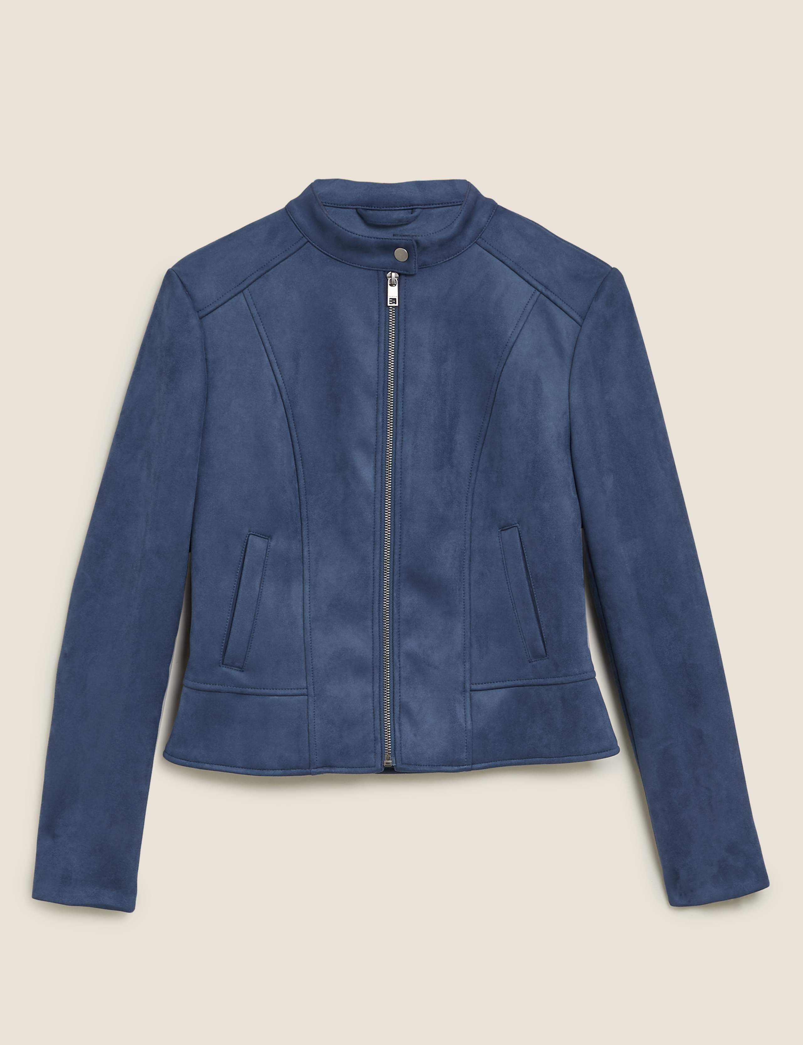 Faux Suede Collarless Biker Jacket 2 of 6